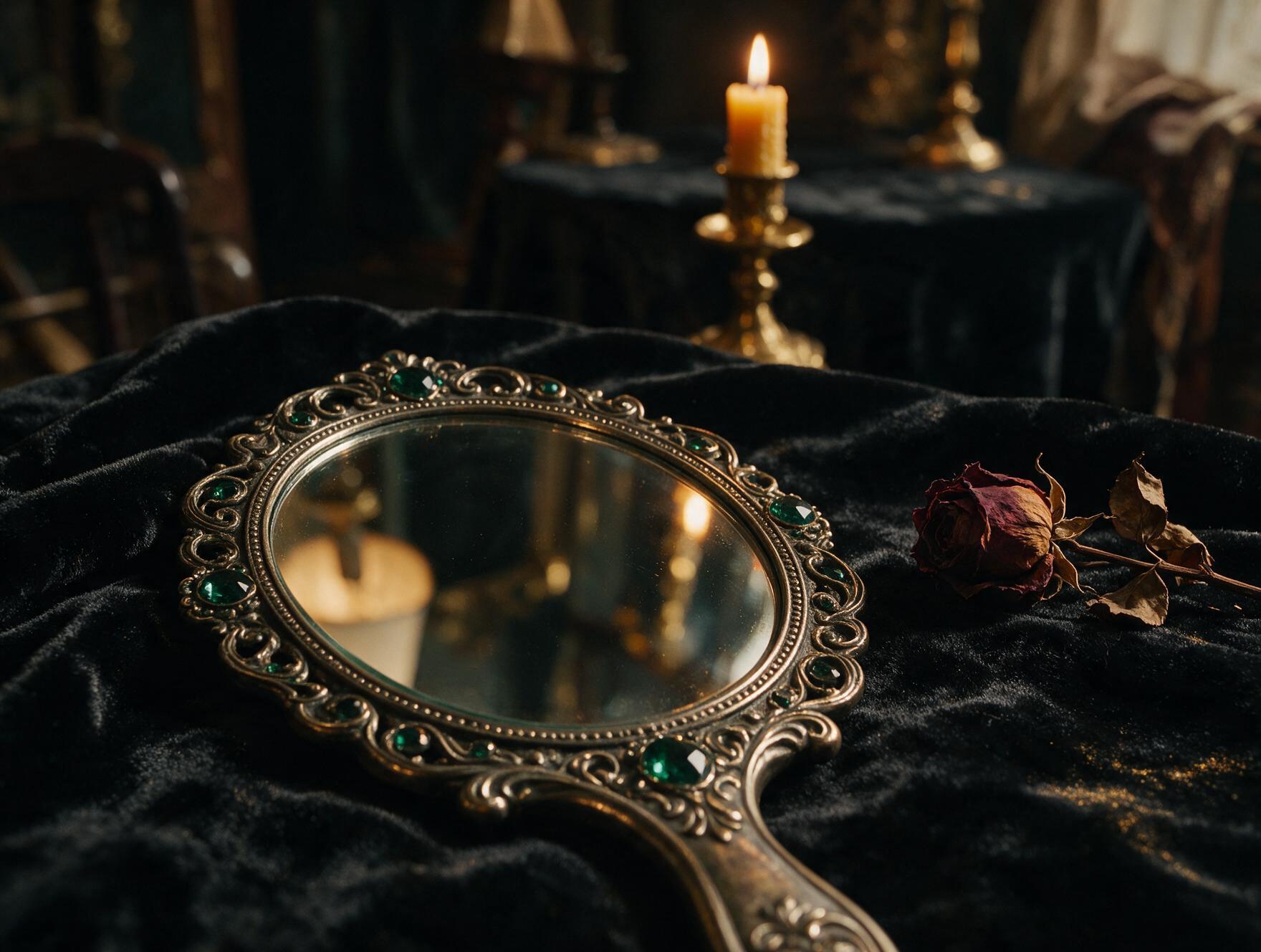 Espelho de mão antigo ornamentado sobre veludo escuro refletindo luz de vela quente, rosa seca ao lado, simbolizando autorreflexão
