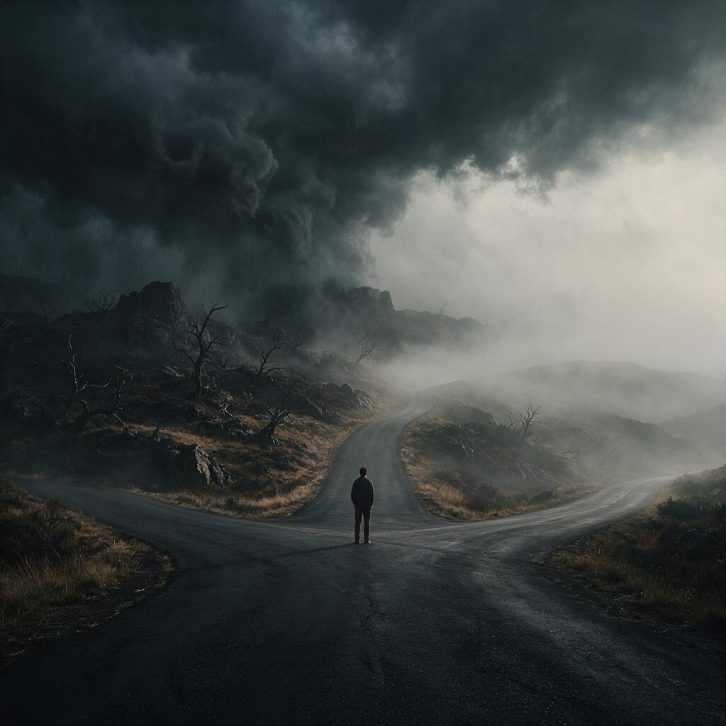 Figura solitária numa encruzilhada entre um passado sombrio e um futuro incerto, iluminação dramática e atmosférica, representando a dor do passado e a ansiedade do futuro