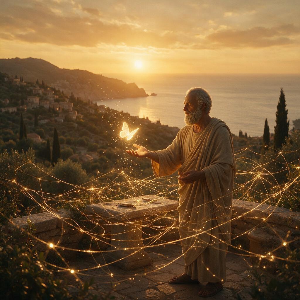 Duas mãos se soltando gentilmente com amor sereno e luz dourada ao redor, simbolizando amar sem possessividade no estoicismo de Epicteto, fotografia editorial com paleta dourada e branca etérea