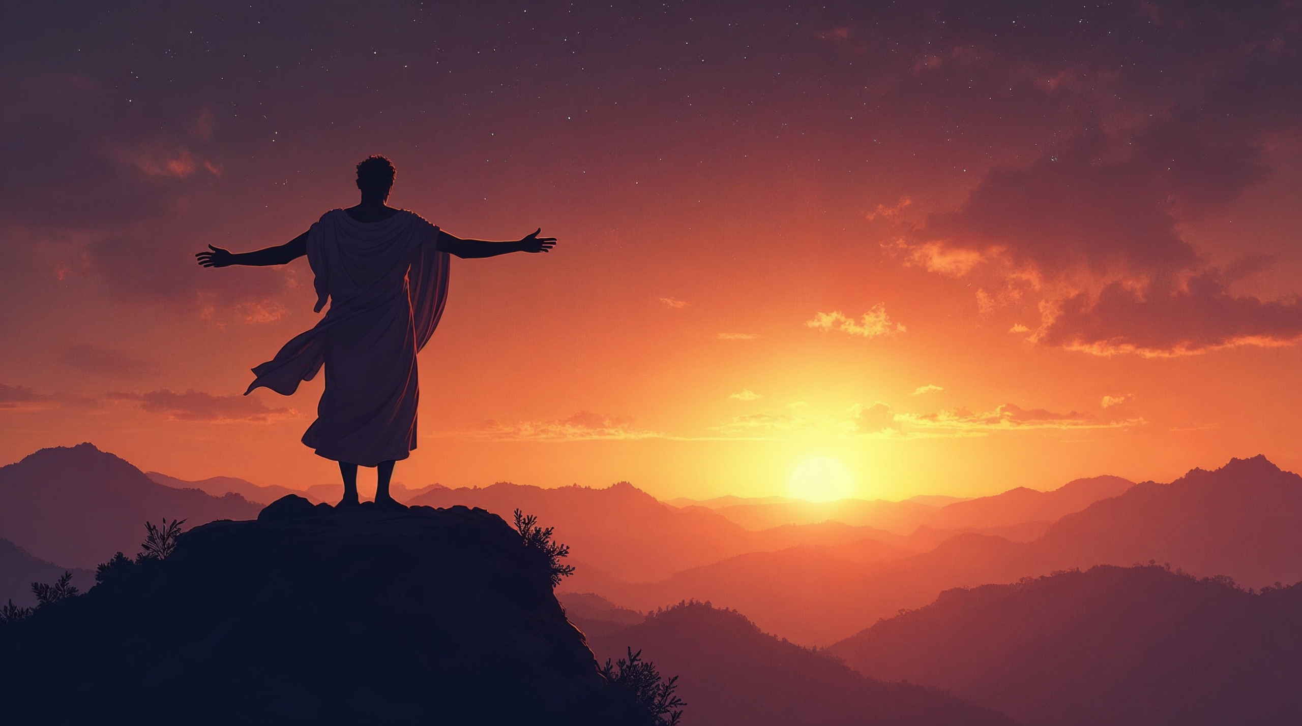 Silhueta de filósofo estoico em toga romana no topo de montanha ao amanhecer, braços abertos diante de céu púrpura e dourado com estrelas se apagando, simbolizando liberdade interior e sabedoria estoica