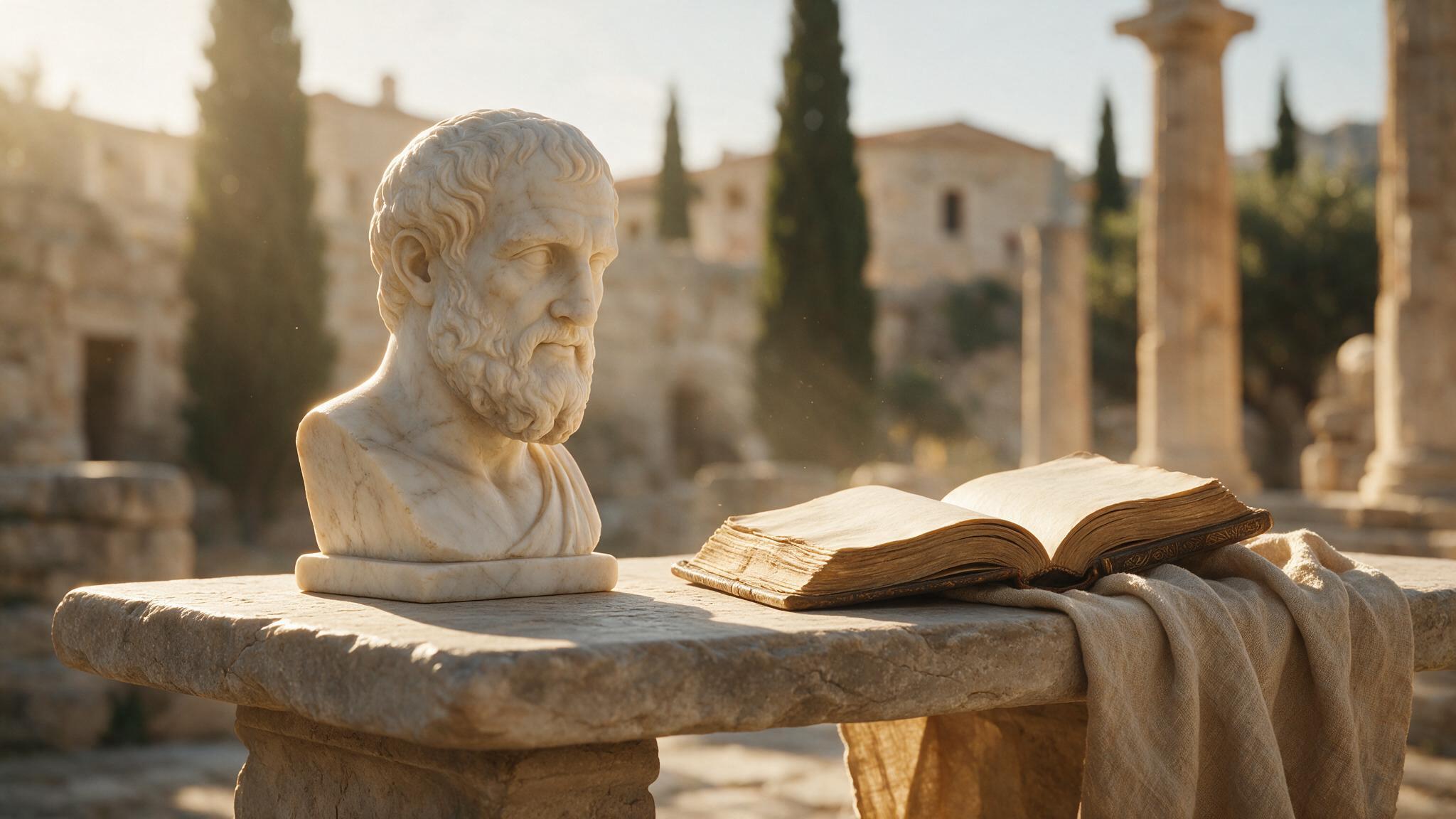 Fragmento de busto de mármore ao lado de livro antigo aberto sobre mesa de pedra, luz mediterrânea, simbolizando filosofia clássica grega