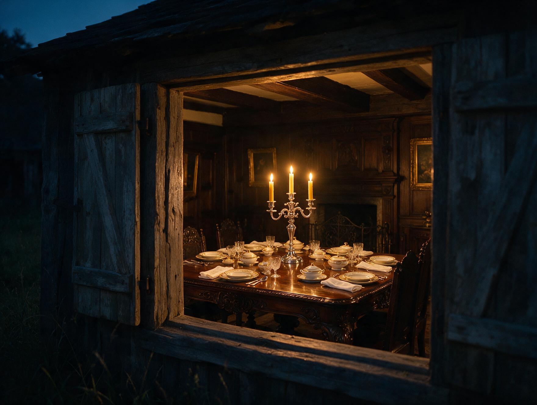 Mesa de jantar formal iluminada por velas, vista de fora através de uma janela de celeiro escura, simbolizando desigualdade e privilégio.