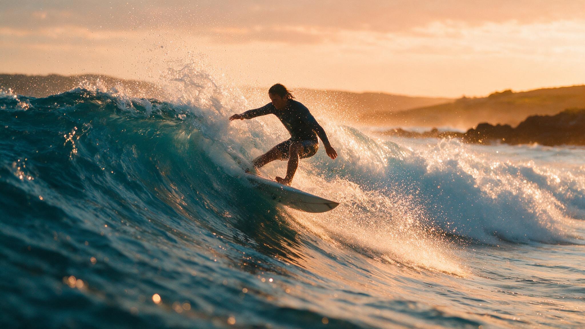 Surfista em pé sobre uma onda em equilíbrio perfeito, luz dourada do fim de tarde, foto esportiva realista
