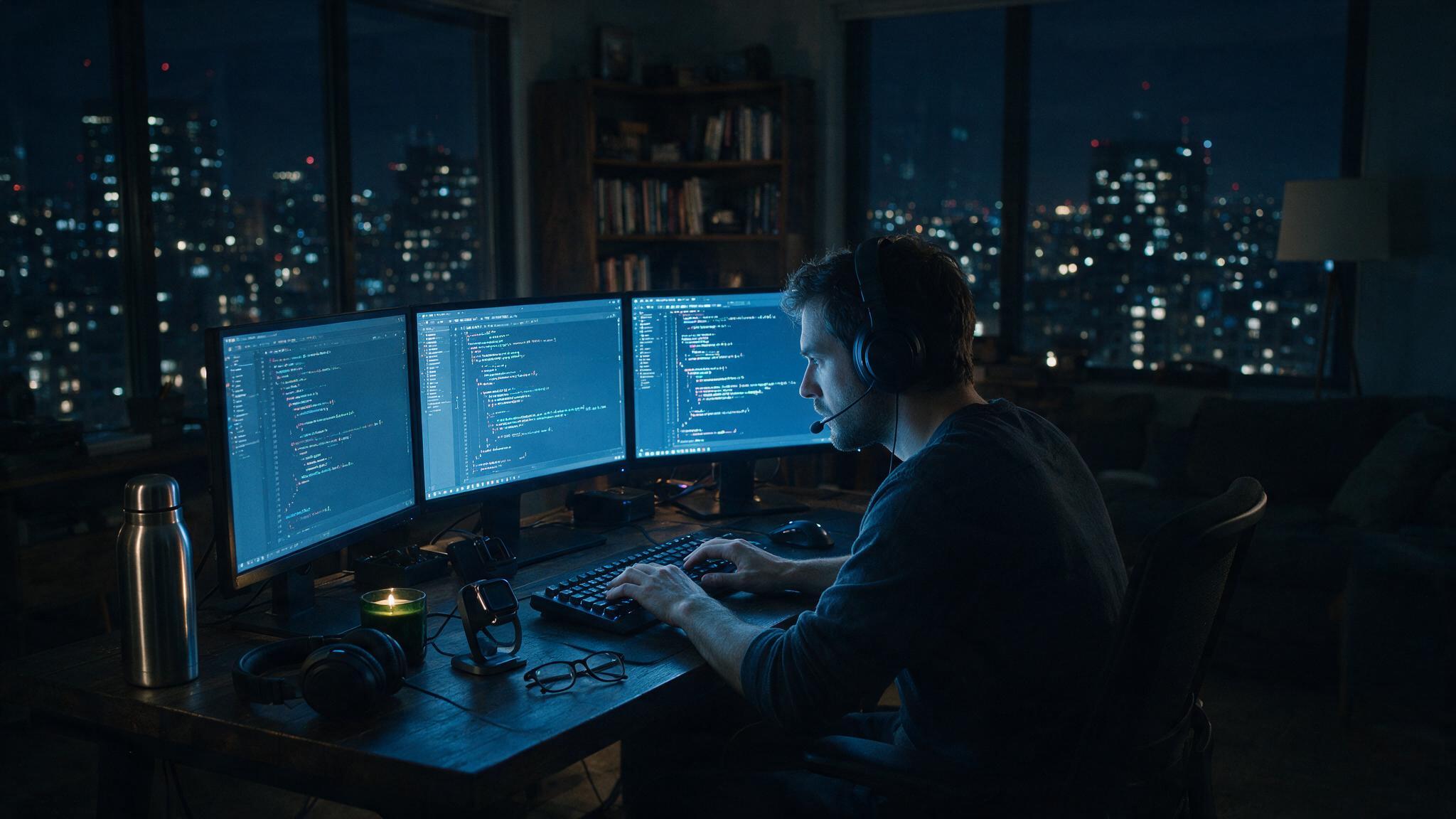 Programador concentrado codando à noite, tela iluminada em ambiente escuro, foco intenso, foto realista de trabalho noturno