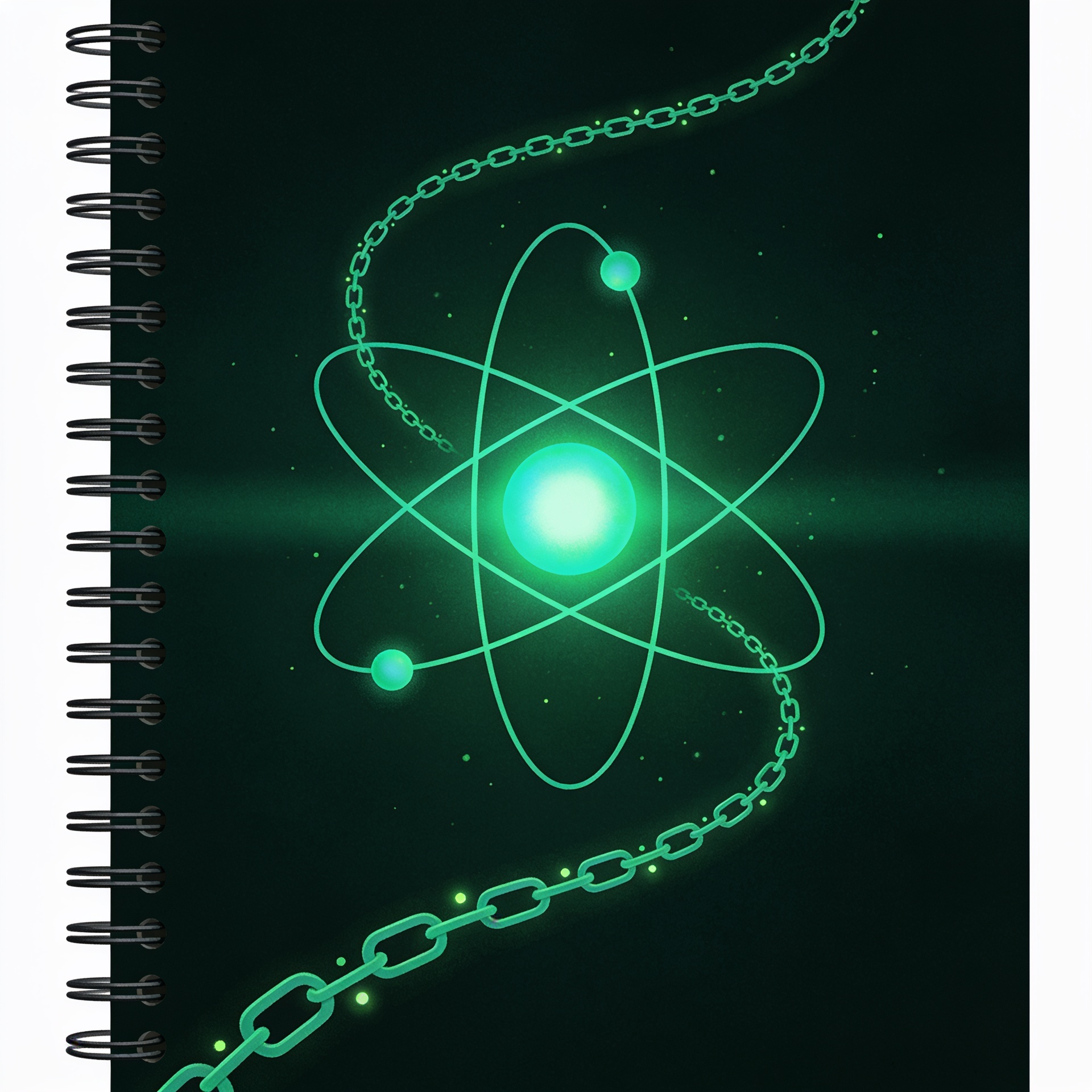 Ilustração editorial do livro Hábitos Atômicos de James Clear: átomo único brilhando em verde esmeralda com órbitas transformadas em loops de hábitos