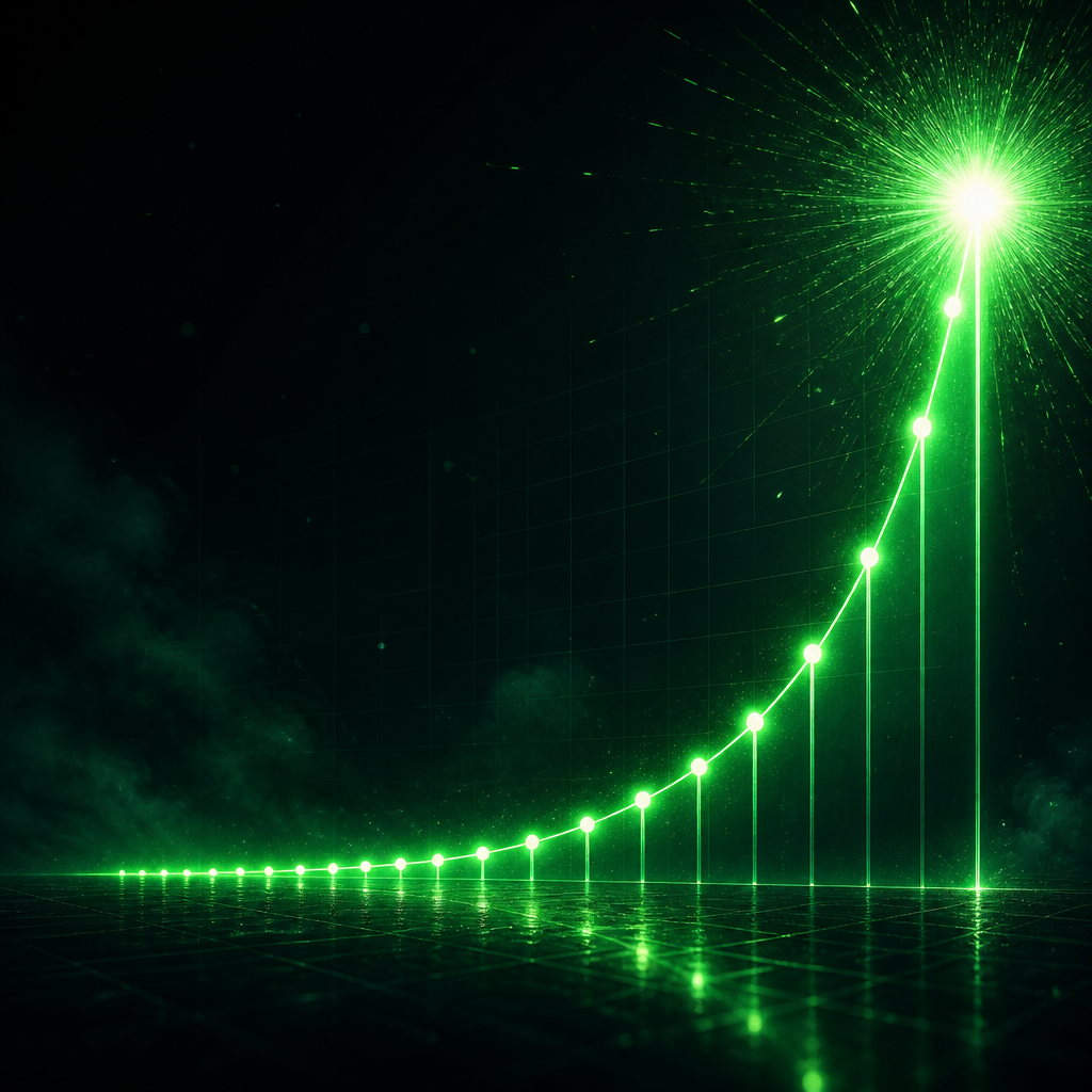 Ilustração editorial do poder dos 1% de Hábitos Atômicos: curva de crescimento exponencial em verde esmeralda partindo de base pequena e explodindo em luz brilhante