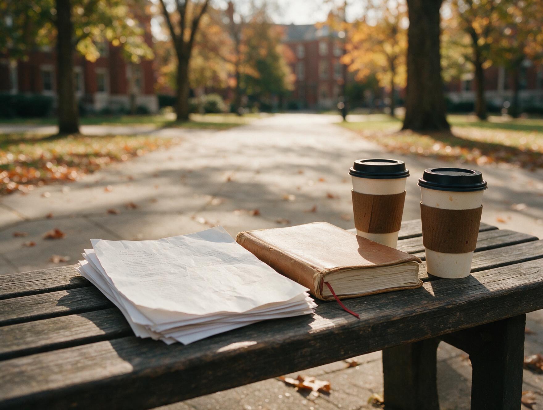 Dois copos de café sobre banco de campus universitário, pilha de artigos acadêmicos e caderno de laboratório, árvores de outono ao fundo desfocado, luz suave de comédia romântica.