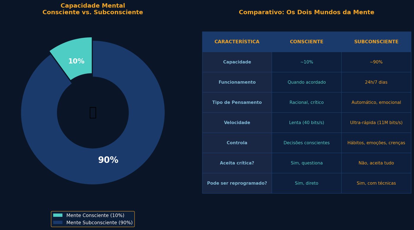 Gráfico donut mostrando subconsciente 90% da mente e tabela comparativa Consciente vs Subconsciente segundo Joseph Murphy