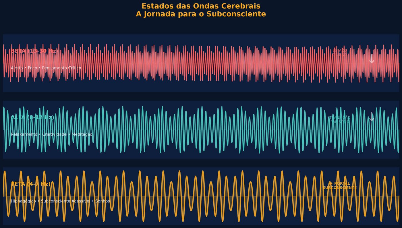 Gráfico das ondas cerebrais Beta Alfa e Teta jornada de acesso ao subconsciente