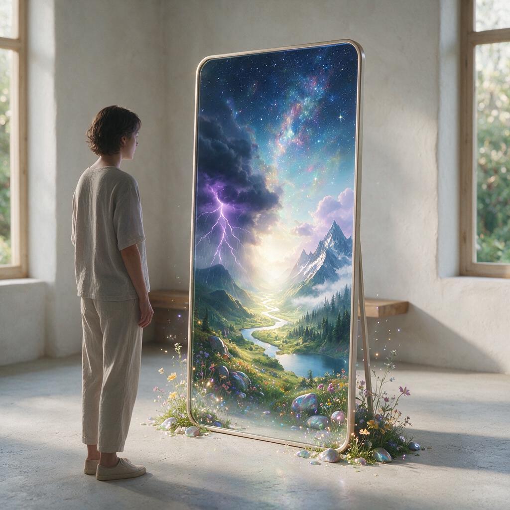 Mulher contemplativa refletindo autenticamente em espelho cristalino com luz suave, representando autoconsciência emocional profunda, fotografia editorial com paleta azul e prata delicada e composição introspectiva