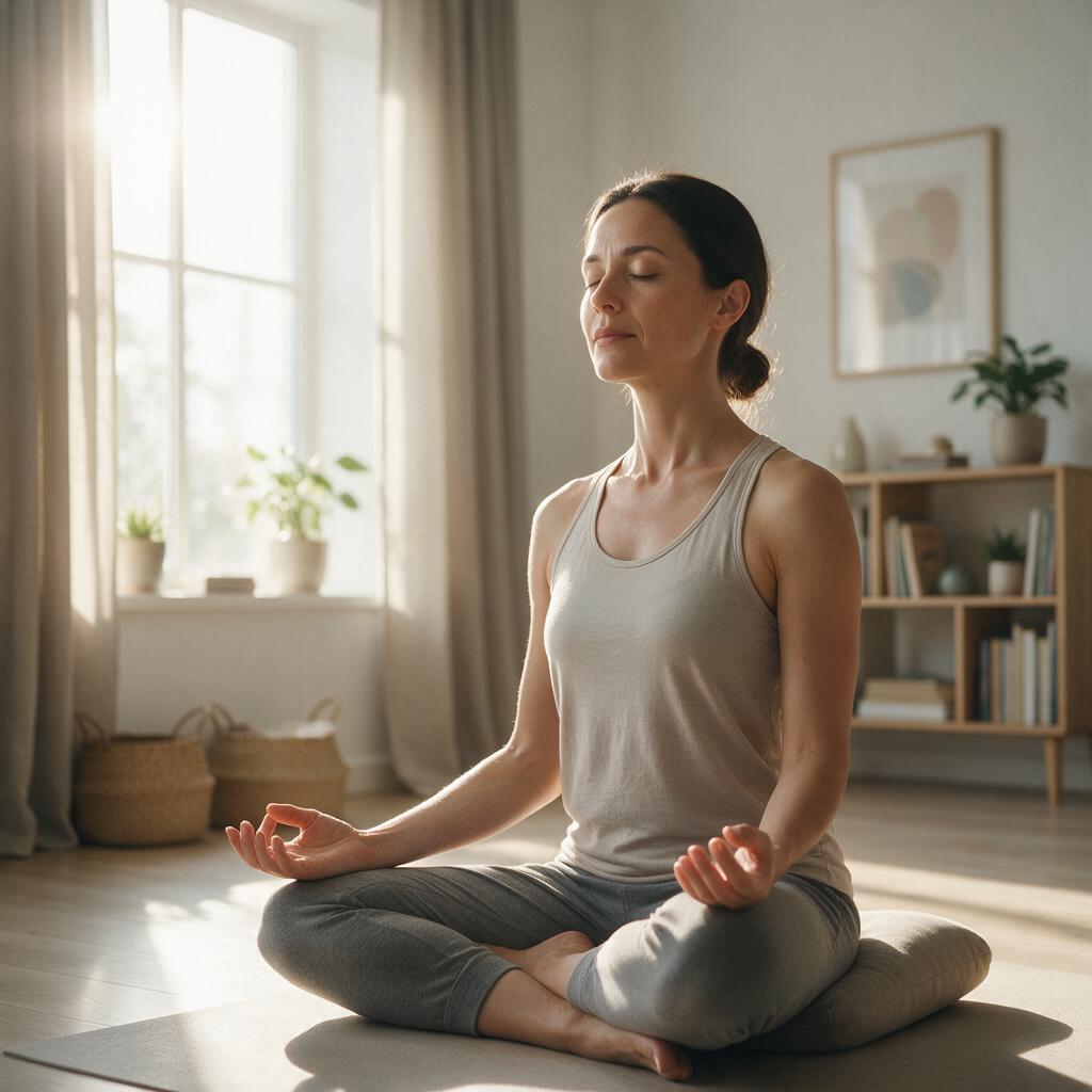 Mulher praticando respiração consciente em estúdio moderno e luminoso, expressão serena de autocontrole emocional, ambiente minimalista com luz natural suave simbolizando domínio da autorregulação emocional