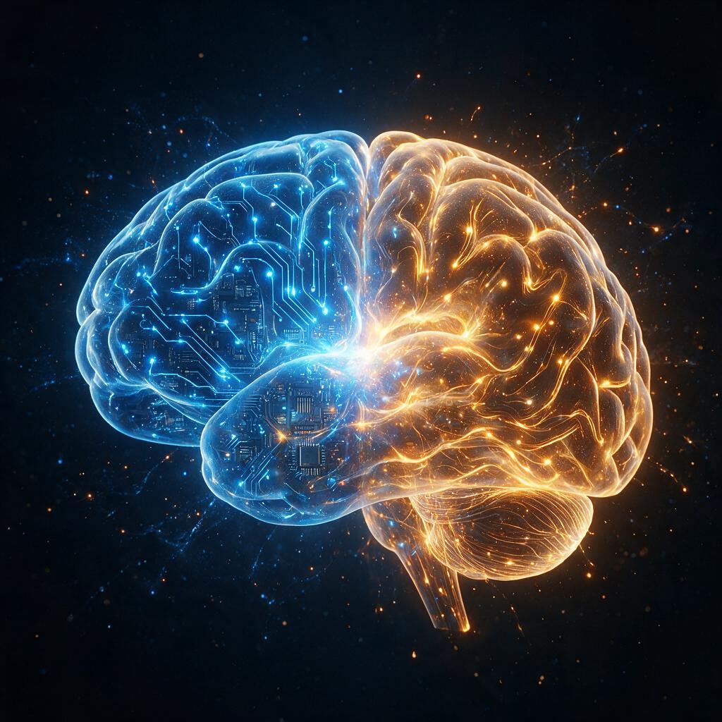 Representação artística de dois hemisférios cerebrais lado a lado, um com engrenagens metálicas representando QI analítico e outro florescendo com sinapses douradas representando inteligência emocional, fotografia editorial com iluminação cinematográfica azul e dourada