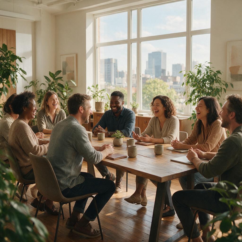 Equipe multicultural diversa colaborando harmoniosamente ao redor de mesa de conferência moderna com risos autênticos e linguagem corporal engajada, representando alta inteligência emocional nas dinâmicas sociais e habilidades interpessoais