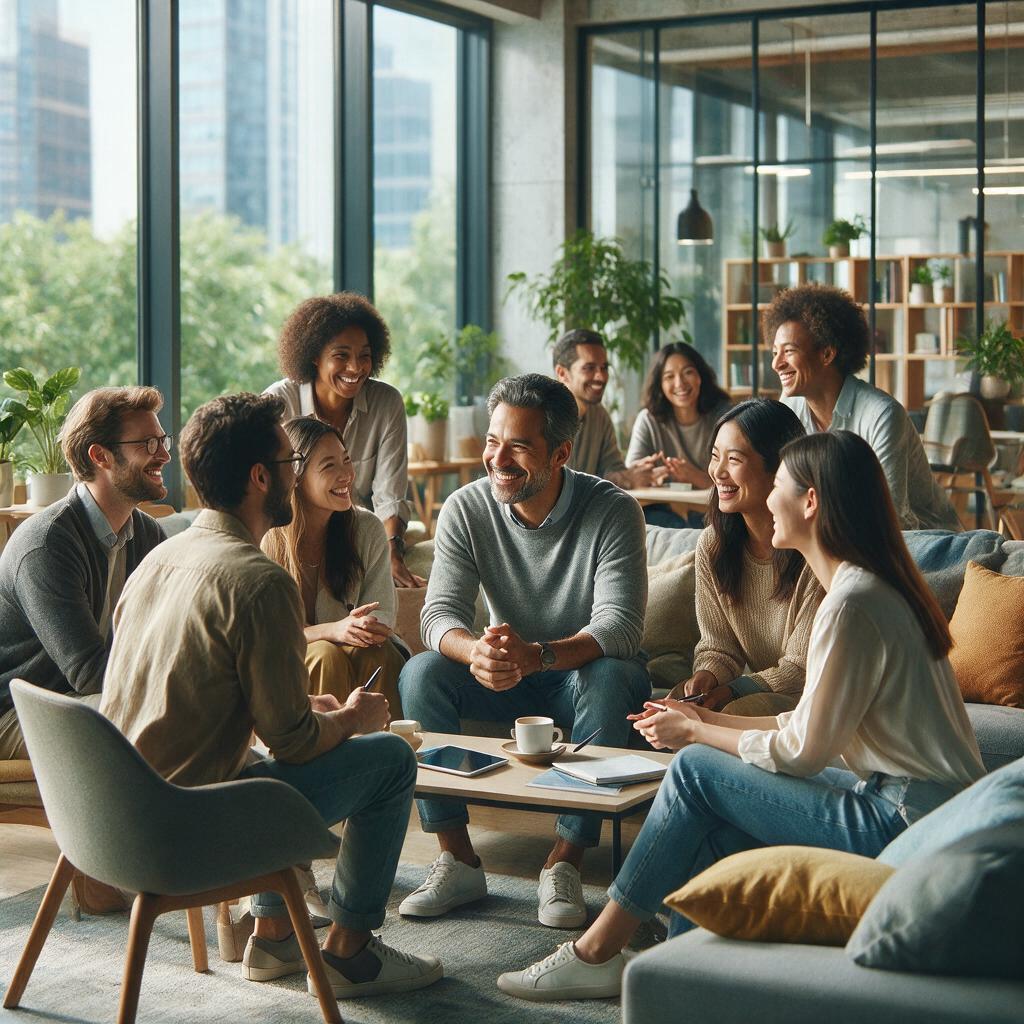 Líder emocionalmente inteligente em escritório moderno conectando autenticamente equipe multicultural diversa, sorrisos genuínos e contato visual, energia colaborativa e confiança visíveis, fotografia corporativa profissional em luz natural