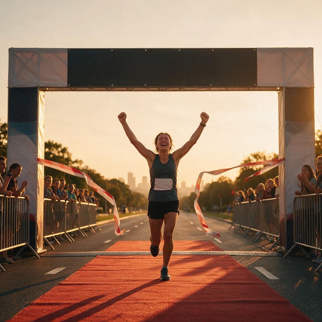 Atleta cruzando linha de chegada de maratona ao pôr do sol com lágrimas de alegria e braços erguidos em triunfo, representando motivação intrínseca, drive interno e resiliência emocional diante do esforço