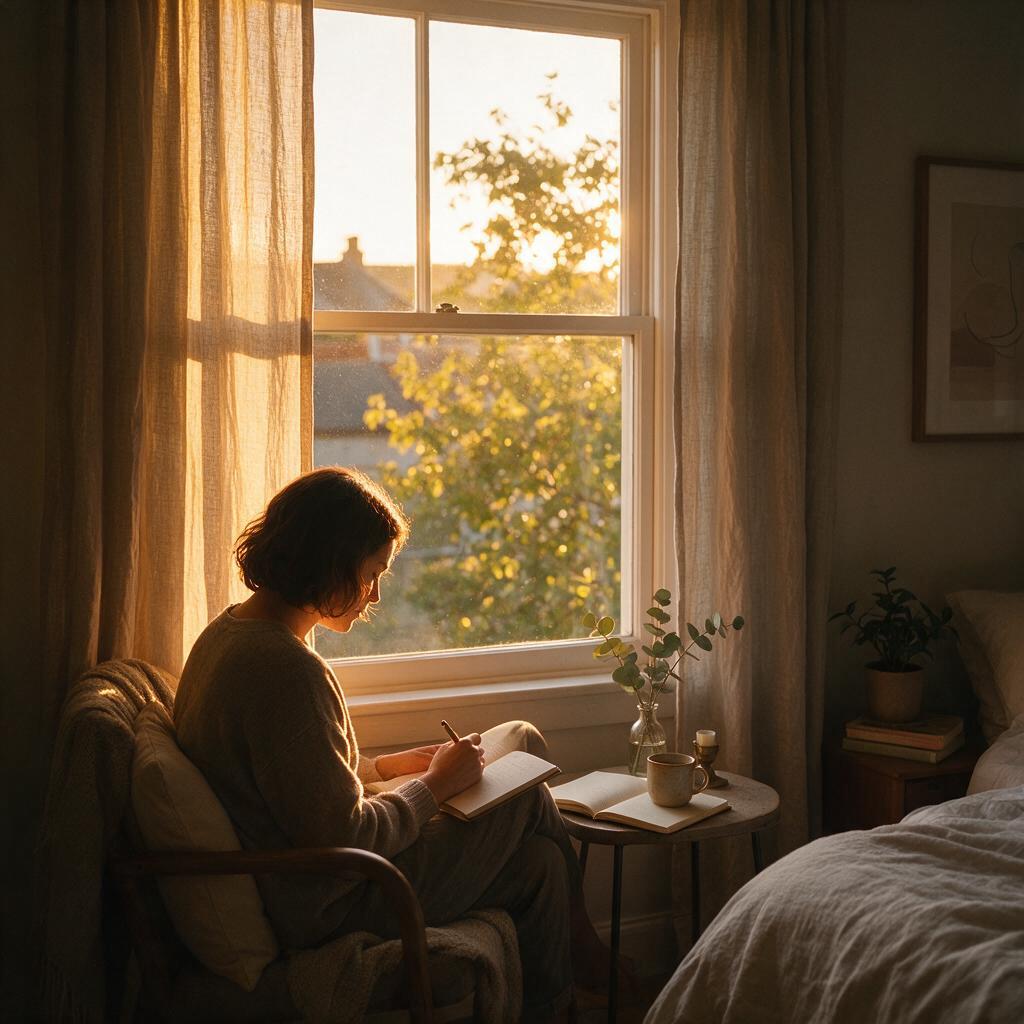 Pessoa escrevendo diário introspectivo ao amanhecer perto da janela com café, prática de desenvolvimento da inteligência emocional, luz dourada matinal suave e ambiente tranquilo sugerindo rotina de crescimento emocional