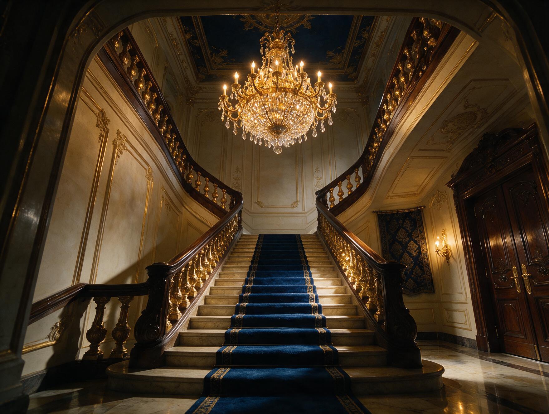 Escadaria grandiosa de mansão vista de baixo à noite, luz de lustre, sombras dramáticas, atmosfera opulenta e levemente sinistra.