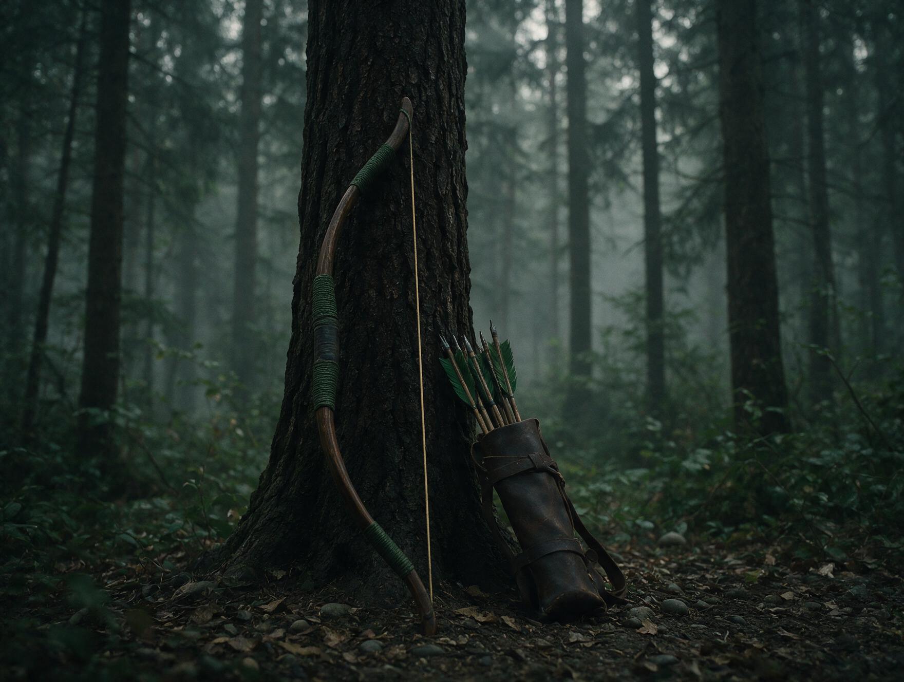 Arco e aljava de flechas apoiados numa árvore na borda de uma floresta densa e enevoada, luz difusa e cores dessaturadas, atmosfera de sobrevivência.