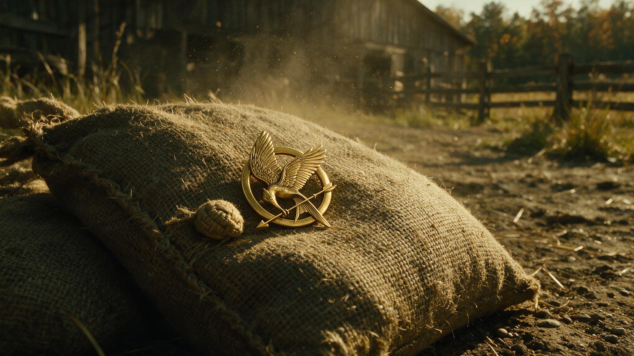 Broche dourado em formato de pássaro sobre um saco de estopa com grãos, cores outonais e luz dramática do fim de tarde.