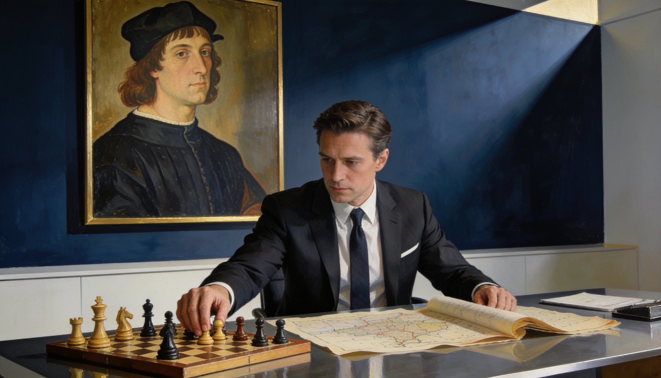 Executivo moderno em terno estudando documentos estratégicos numa mesa com tabuleiro de xadrez, pintura de Maquiavel ao fundo, representando a aplicação dos ensinamentos de O Príncipe na liderança contemporânea