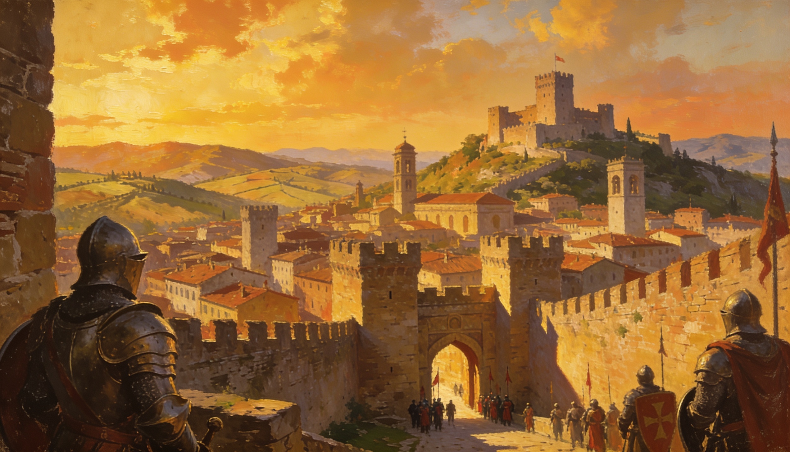 Vista panorâmica de uma cidade-estado italiana medieval murada com castelo, soldados nas portas e colinas toscanas ao fundo, ilustrando os principados descritos por Maquiavel em O Príncipe