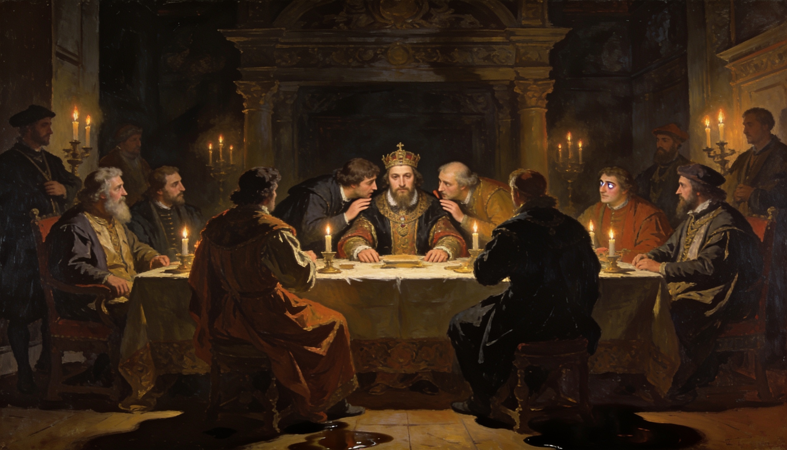 Cena de intriga em corte renascentista: governante à cabeceira de mesa cercado por conselheiros e cortesãos sussurrando ao seu ouvido com expressões ambíguas, luz dramática de velas revelando maquinações políticas, ilustrando o capítulo sobre aduladores em O Príncipe de Maquiavel