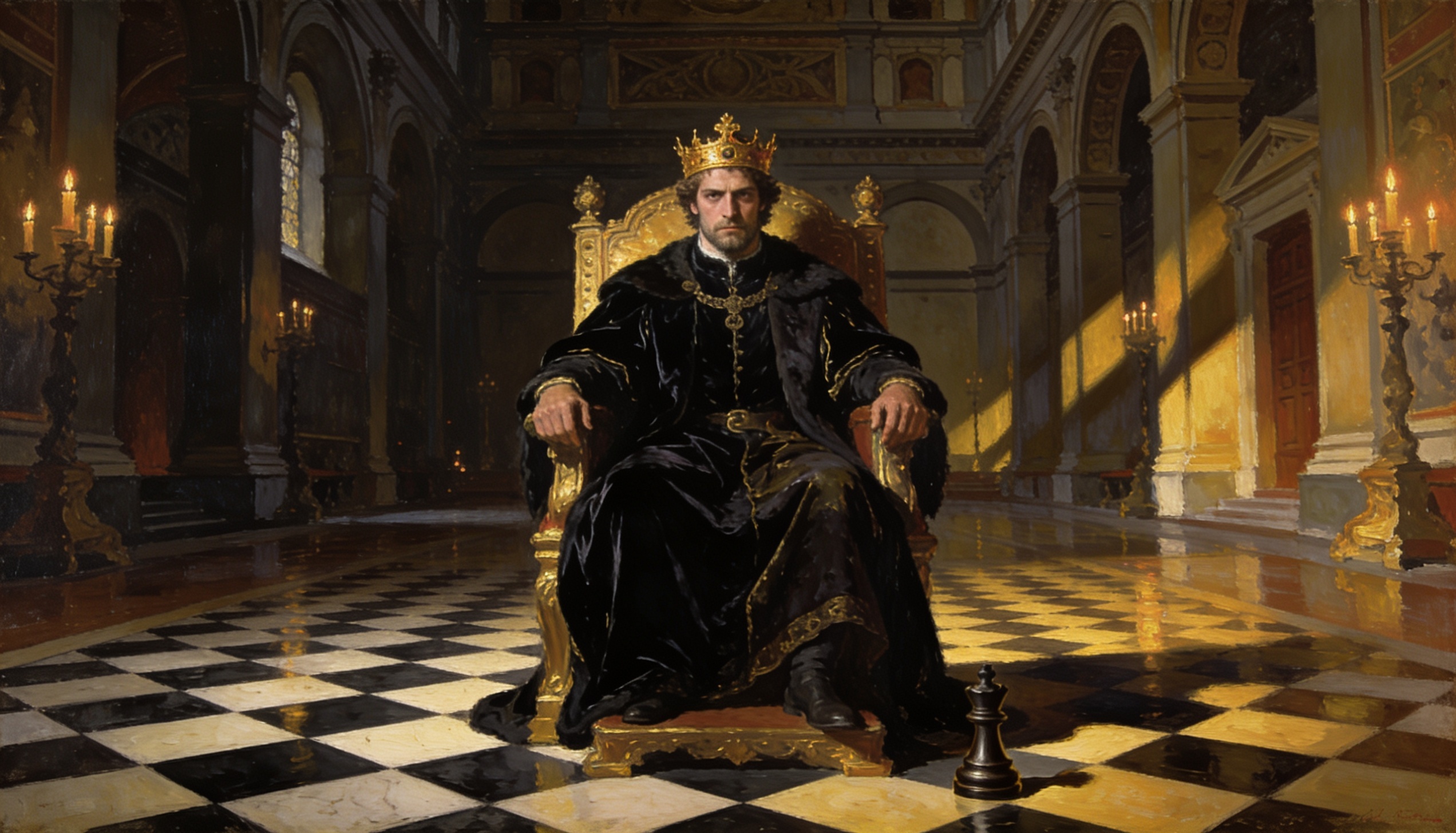 Ilustração dramática de um príncipe renascentista entronizado em palácio italiano, iluminado por velas, representando o realismo político de Maquiavel