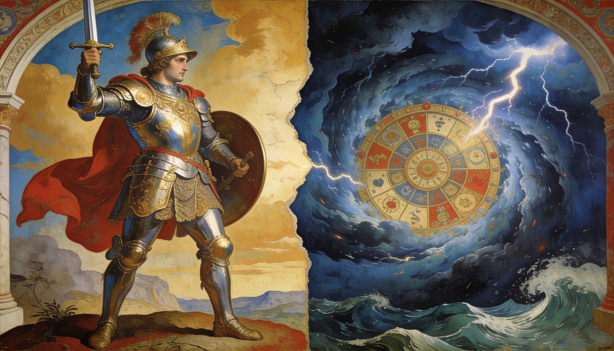Composição alegórica dividida ao meio: à esquerda guerreiro renascentista determinado com espada, representando a virtù (virtude e capacidade humana); à direita roda da fortuna e tempestade caótica, simbolizando os caprichos do destino segundo Maquiavel