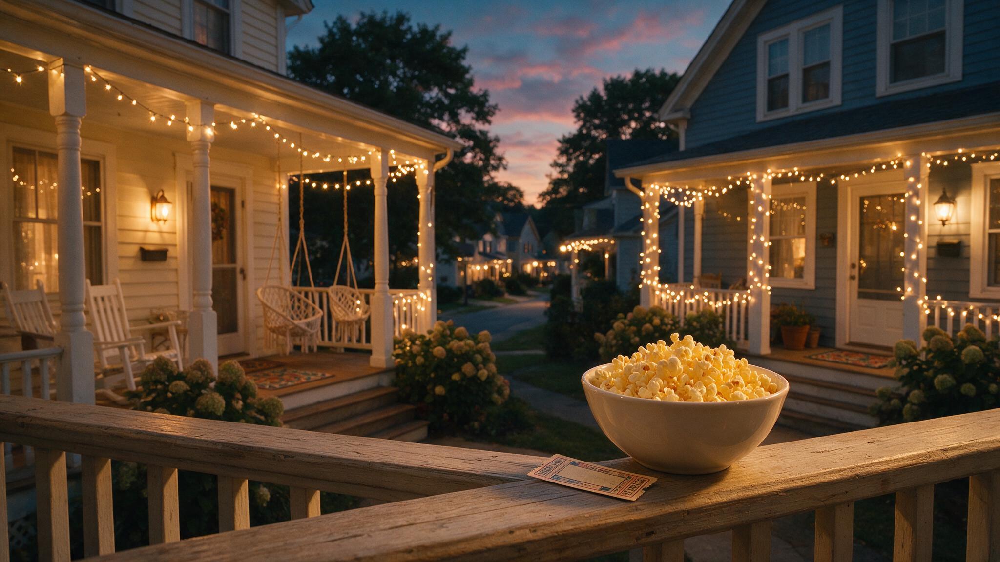 Duas varandas vizinhas próximas ao entardecer com luzes decorativas, pipoca e ticket de cinema sobre corrimão de madeira, luz quente e aconchegante.