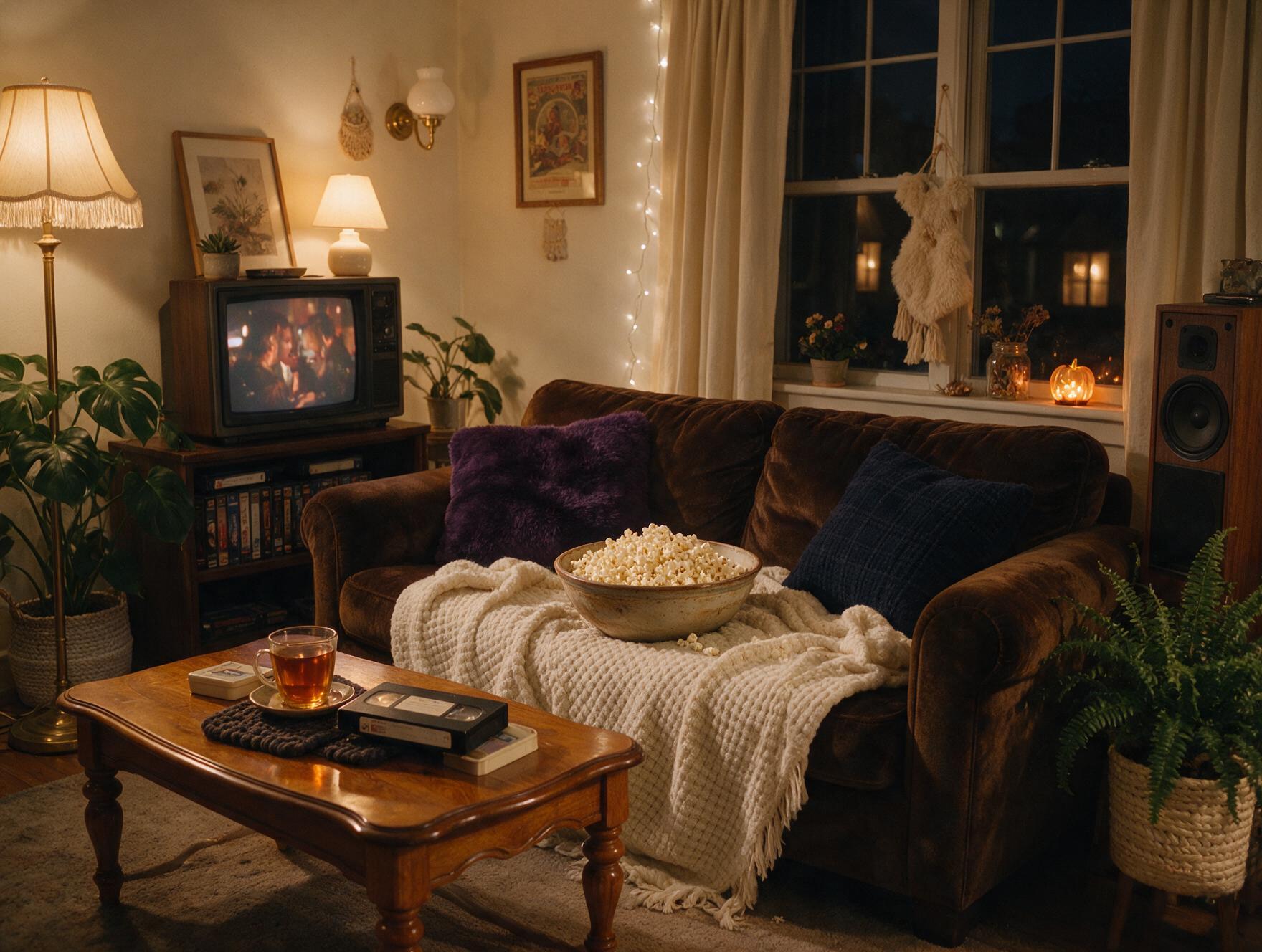 Sala de estar aconchegante com TV antiga acesa exibindo um filme clássico, cobertor e tigela de pipoca no sofá, luz suave e nostálgica.