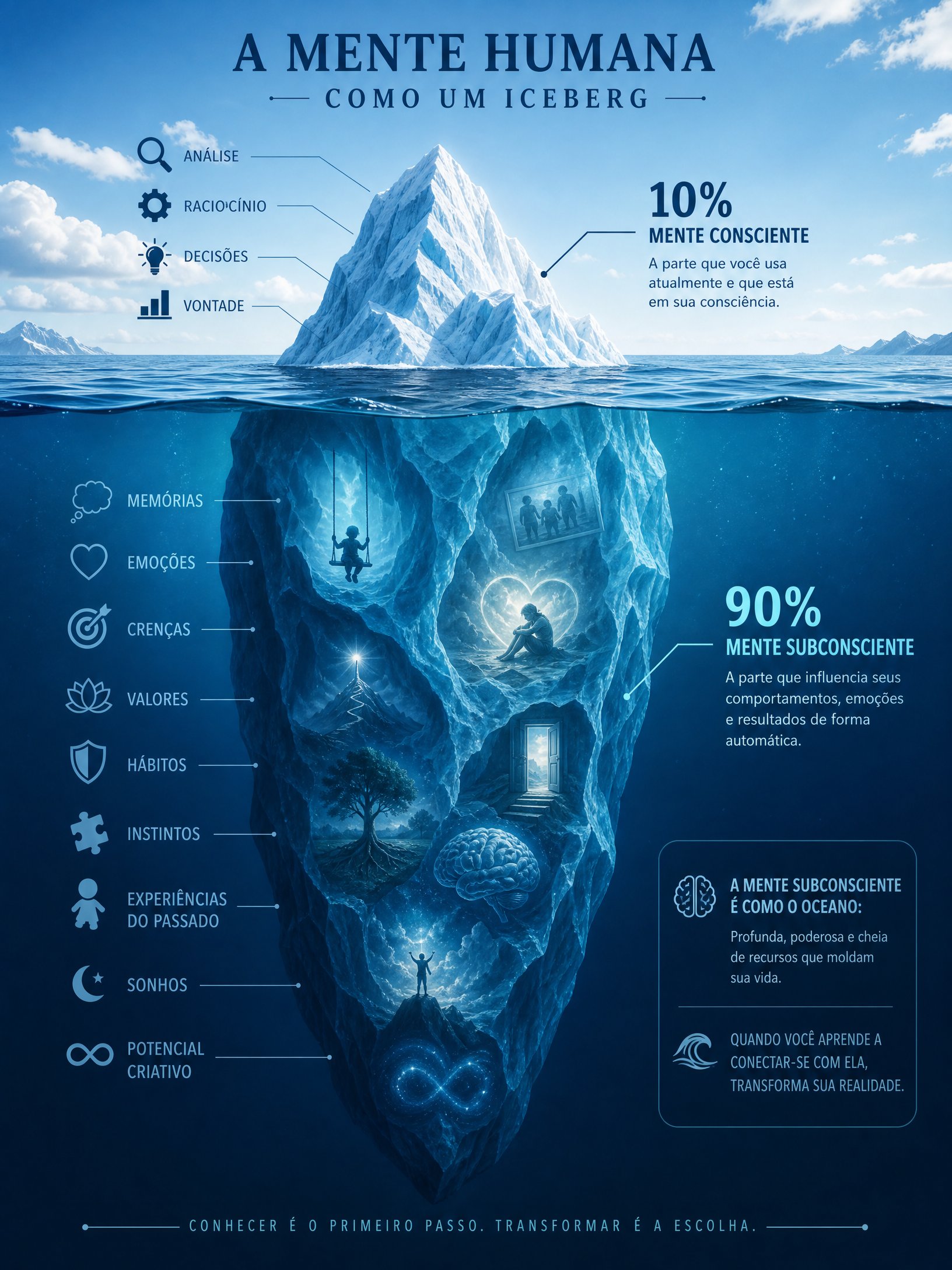 Infográfico mostrando a mente humana como iceberg com 10% consciente acima da água e 90% subconsciente abaixo com memórias emoções crenças hábitos e potencial criativo