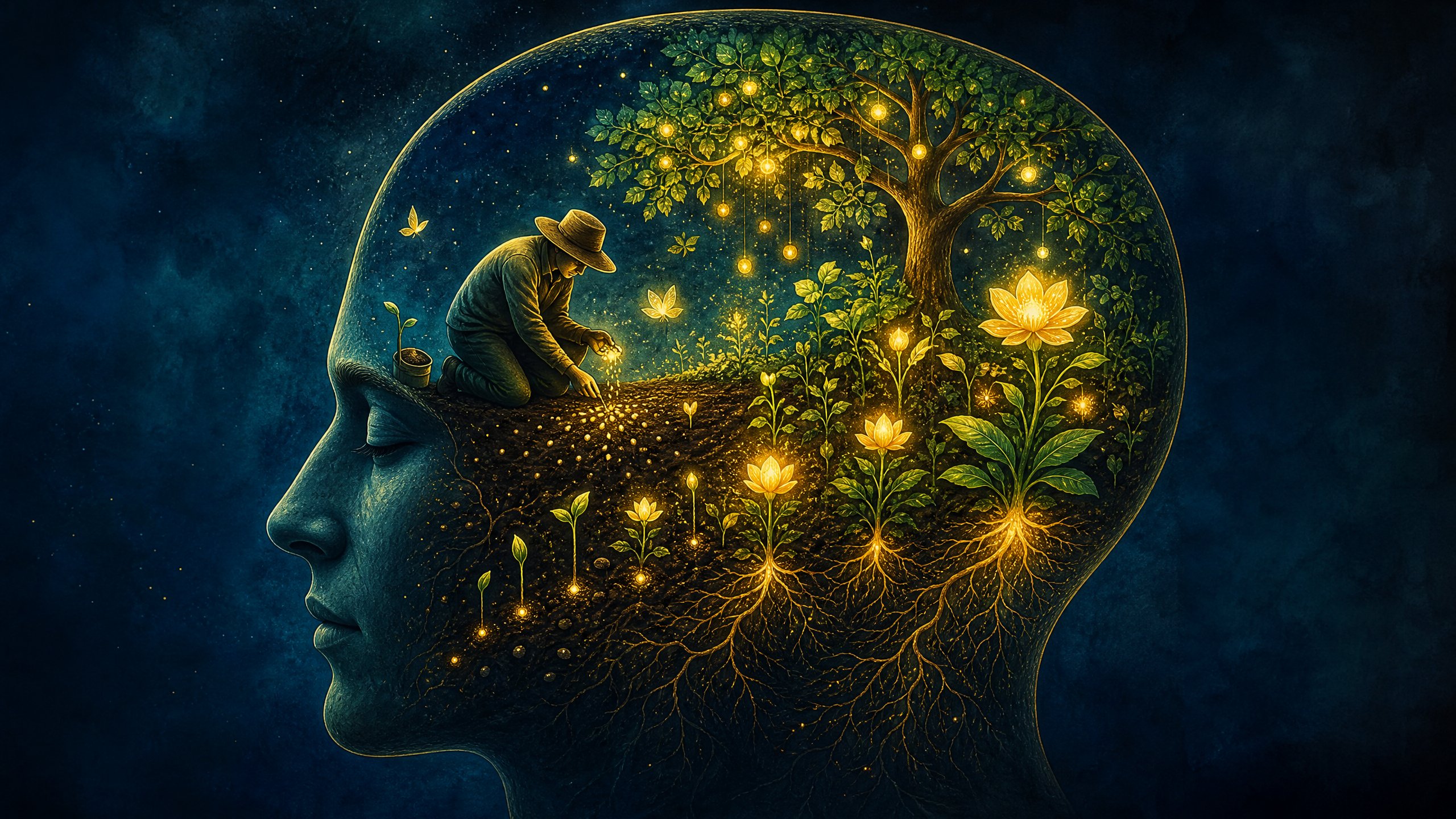 Ilustração artística de jardineiro cultivando plantas luminosas dentro da silhueta de uma cabeça humana representando o cultivo da mente subconsciente