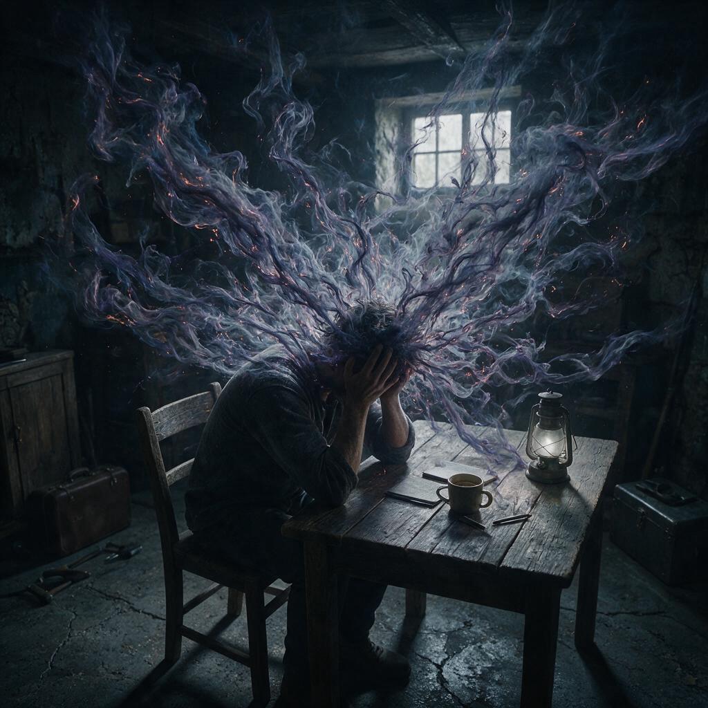 Pessoa curvada com cabeça nas mãos, rodeada por pensamentos caóticos e energia mental turbulenta, representando o sofrimento da mente que nunca para