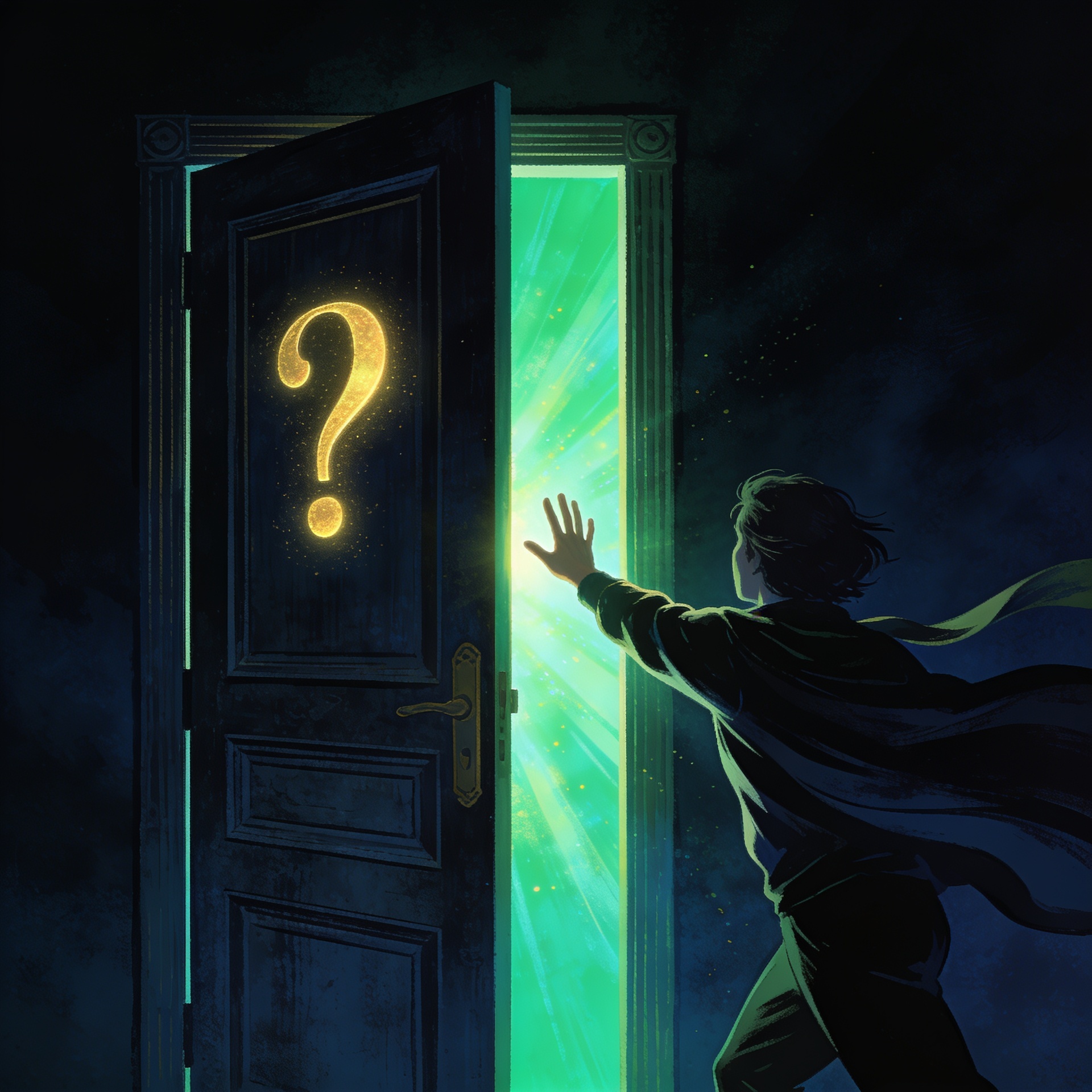 Ilustração de uma porta dourada se abrindo na escuridão, com luz intensa do lado de fora — simbolizando o conceito do 
