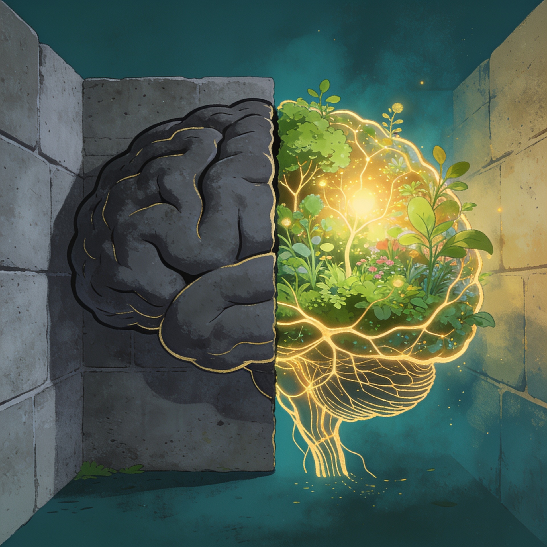 Ilustração editorial dividida ao meio: à esquerda cérebro representado por grades cinzas rígidas simbolizando o mindset fixo; à direita cérebro florescendo em verde-esmeralda e dourado, representando o mindset de crescimento