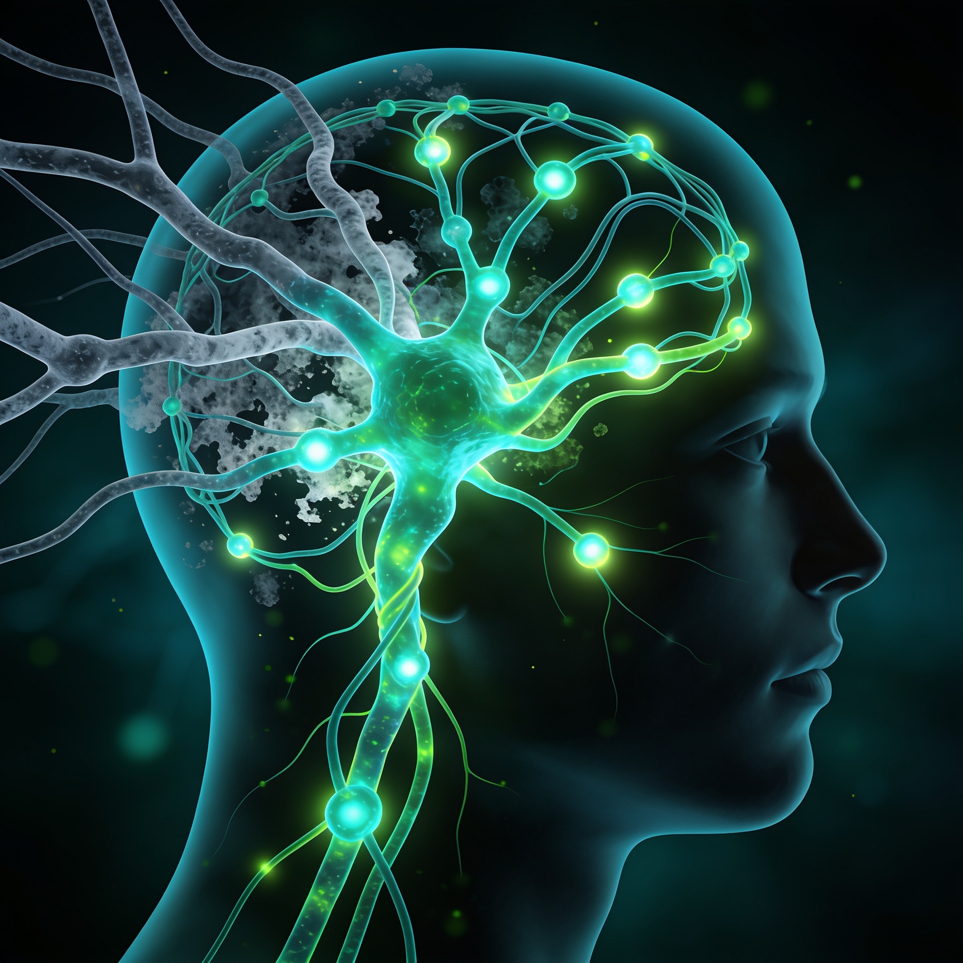 Ilustração abstrata de neuroplasticidade — sinapses em azul-violeta se reorganizando e se iluminando, simbolizando a mudança e crescimento do cérebro humano