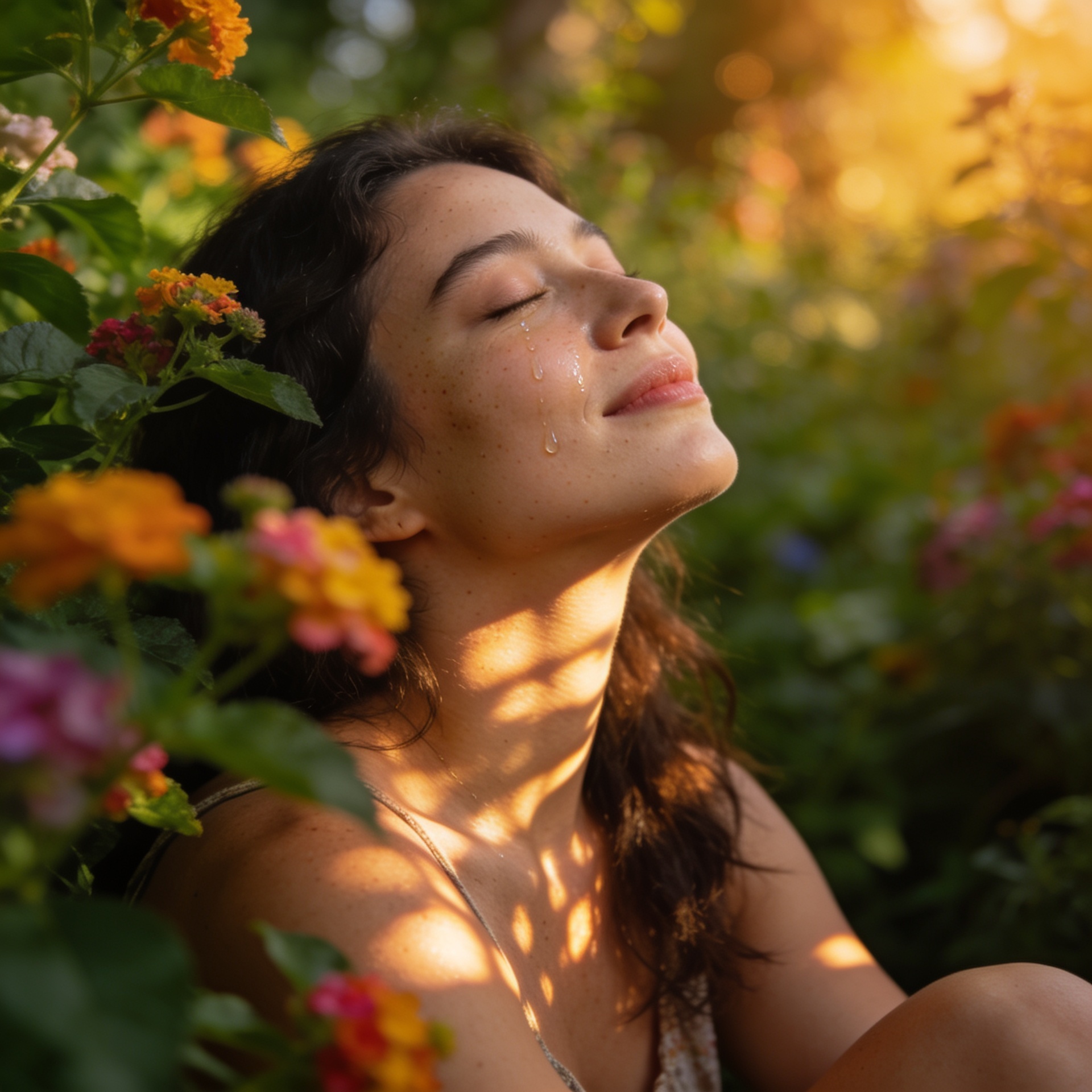 Mulher sentada num jardim florido ao pôr do sol, olhos fechados, expressão de paz profunda e revelação interior, lágrimas de alegria no rosto, luz dourada entre as folhas — representando o florescimento da mente quando alimentada com pensamentos positivos