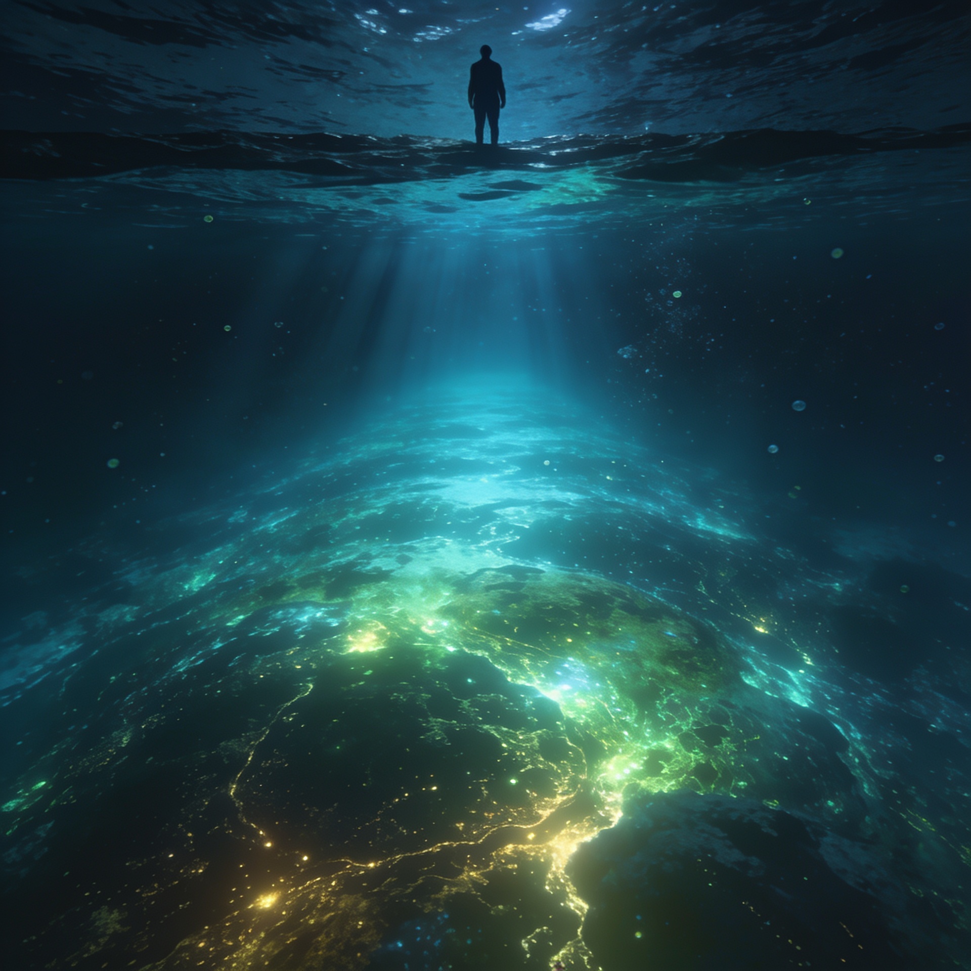 Silhueta solitária de uma pessoa parada na superfície de um oceano escuro e cristalino, abaixo da superfície um mundo luminoso e imenso se estende infinitamente — representando a vastidão do subconsciente humano comparado à pequenez da mente consciente