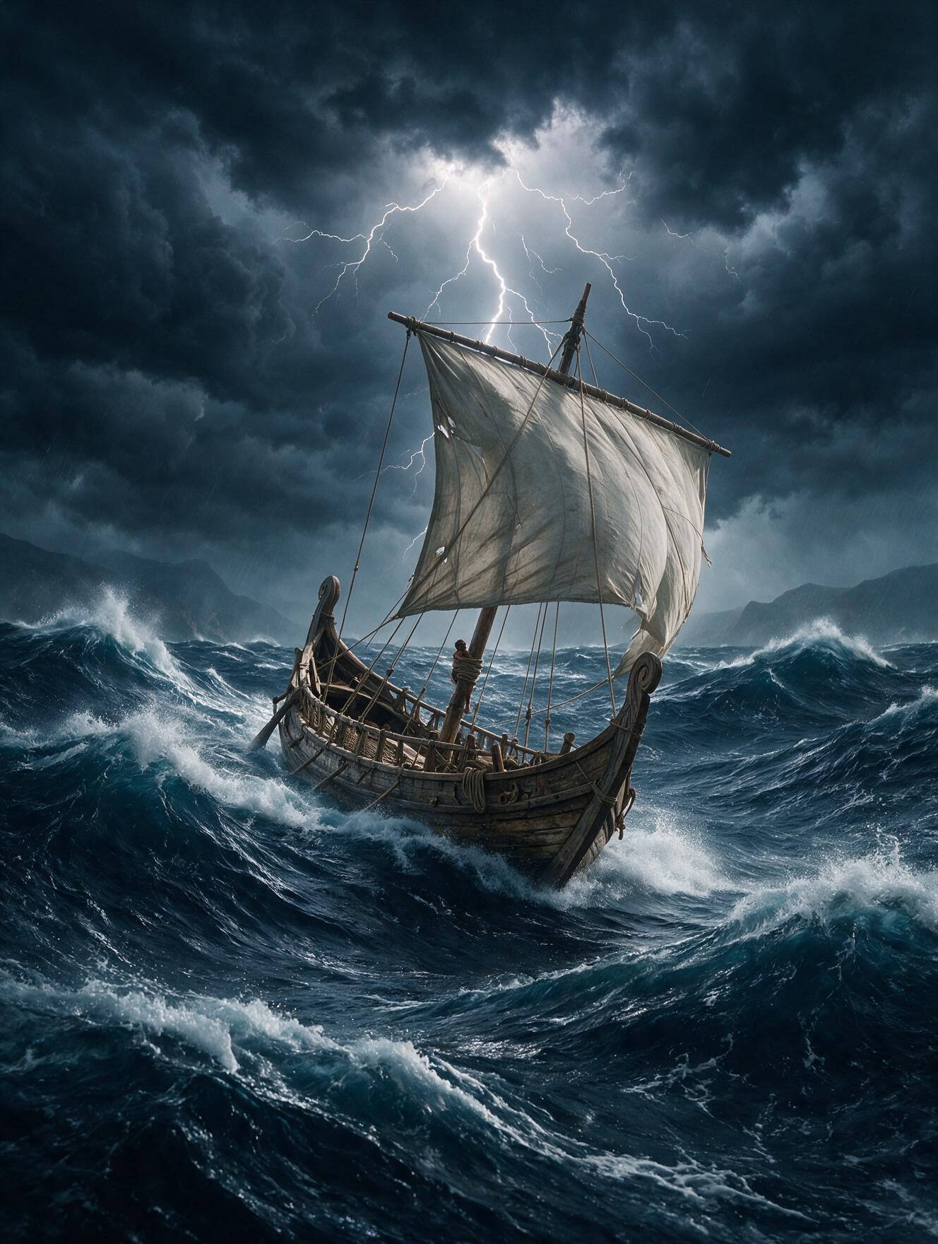 Navio grego solitário enfrentando uma tempestade no mar Mediterrâneo