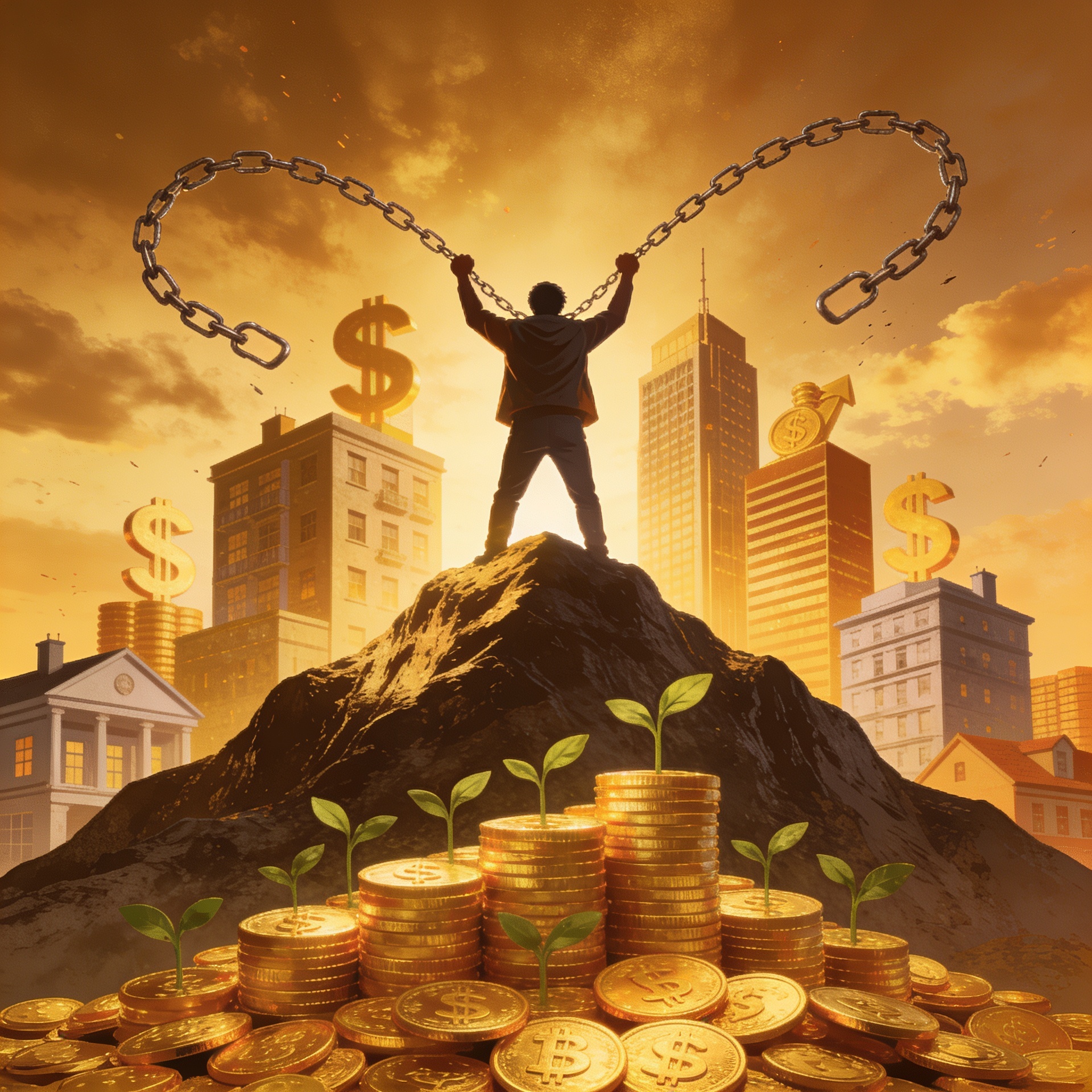 Ilustração editorial da liberdade financeira: pessoa quebrando correntes de dívida com montanha de ativos crescendo ao fundo — moedas, imóveis e investimentos em tons dourados e âmbar