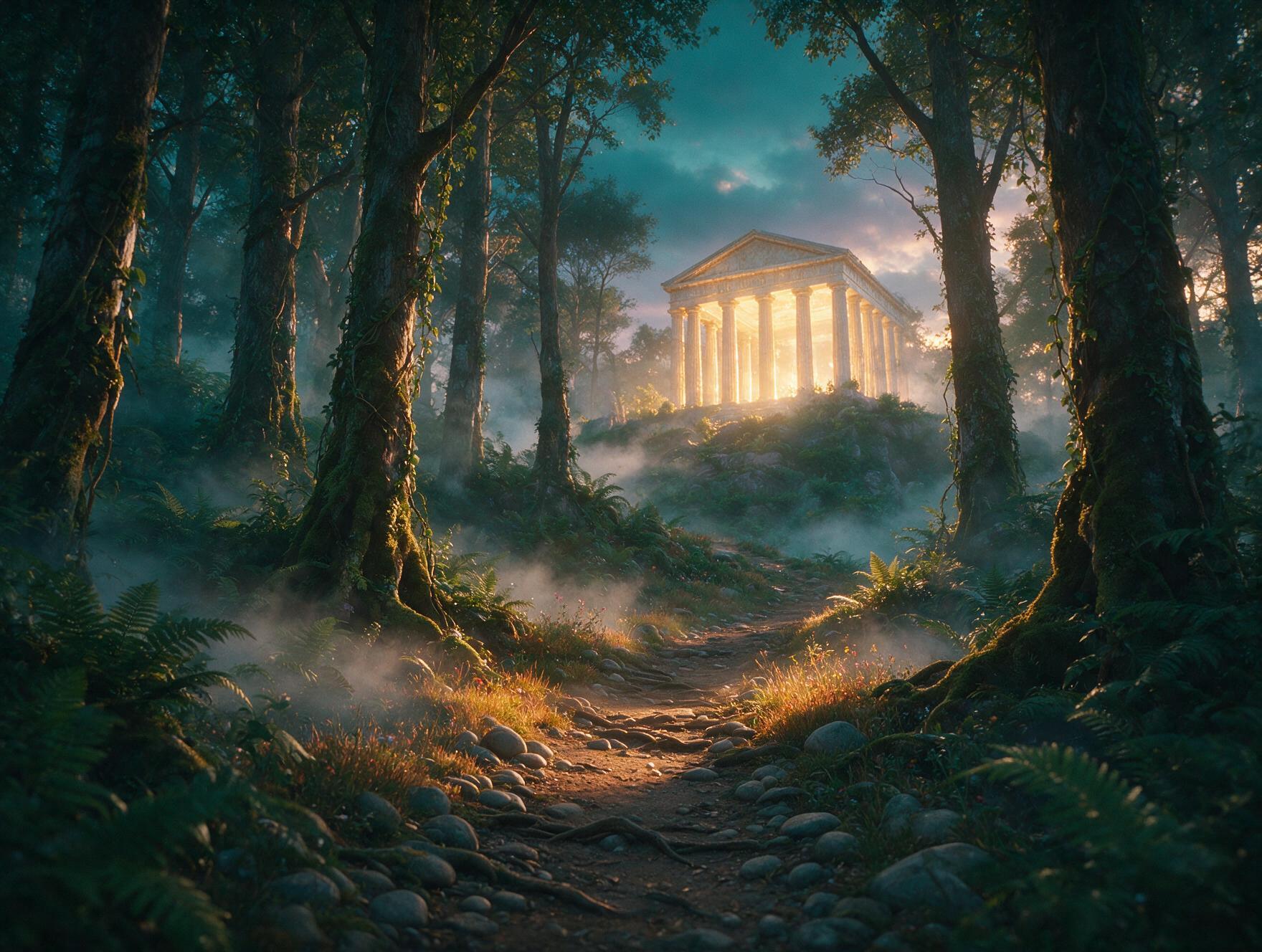 Caminho enevoado numa floresta ao entardecer levando a uma estrutura distante iluminada, lembrando um templo grego, atmosfera de mundo mágico escondido.