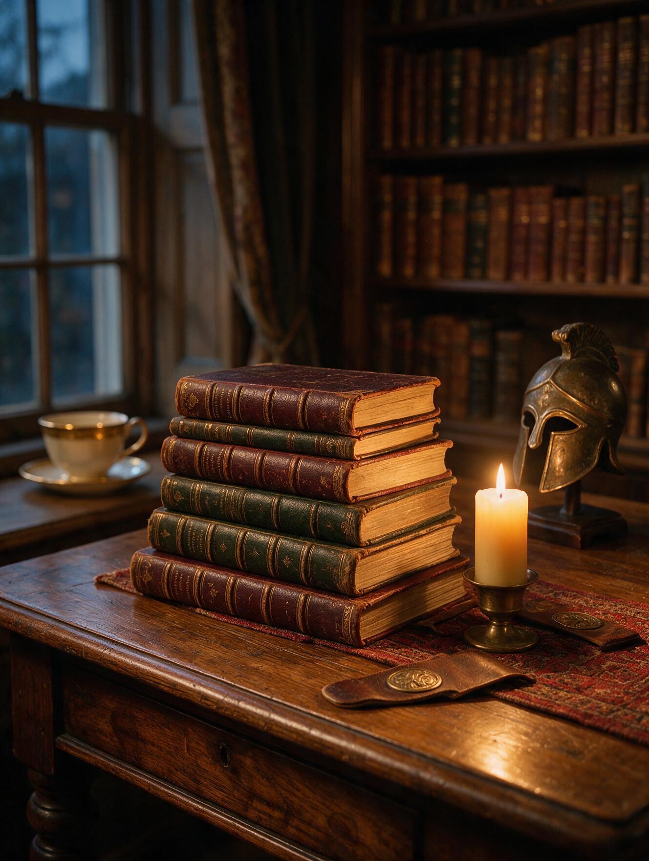 Pilha de livros clássicos gregos ao lado de um caderno de anotações, luz natural suave