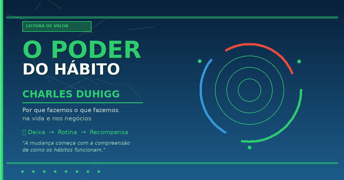 Ilustração editorial de O Poder do Hábito de Charles Duhigg — fundo azul escuro com círculos do ciclo do hábito em verde e azul representando deixa, rotina e recompensa, título em verde e branco