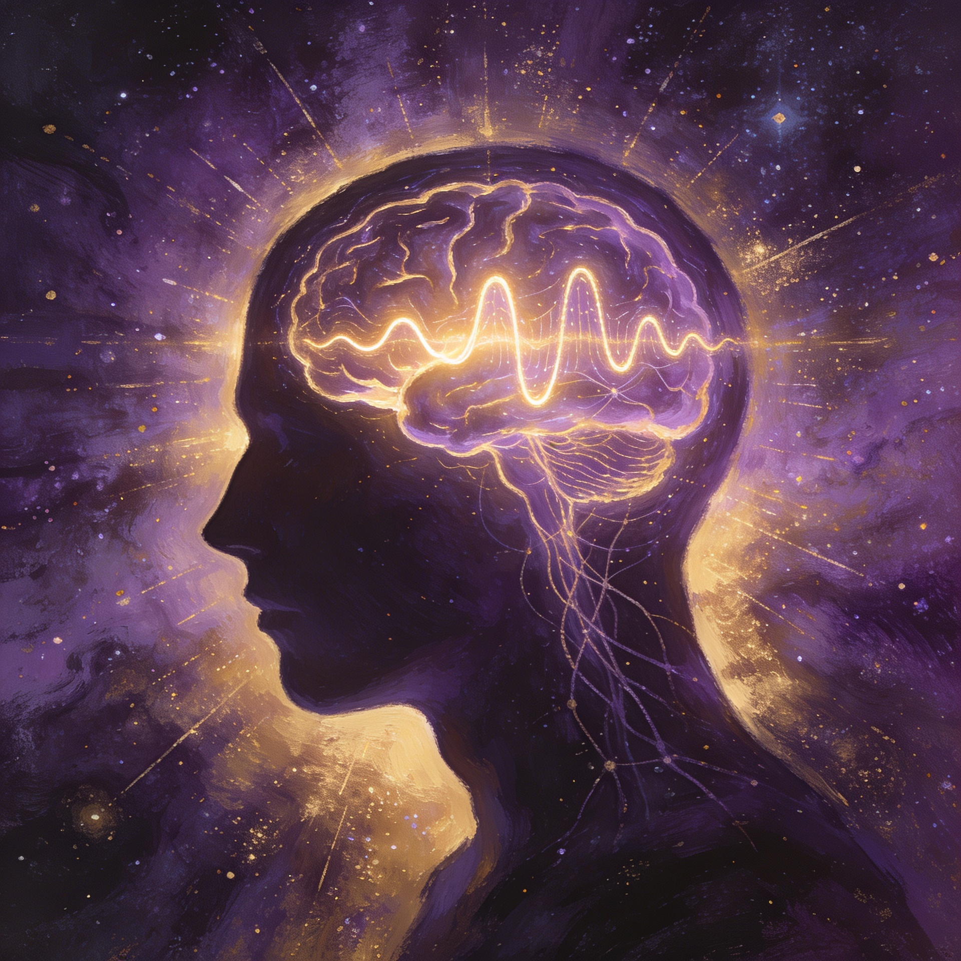 Silhueta humana com cérebro iluminado e ondas mentais irradiando luz dourada sobre fundo cósmico roxo profundo, simbolizando o poder da mente subconsciente de Joseph Murphy