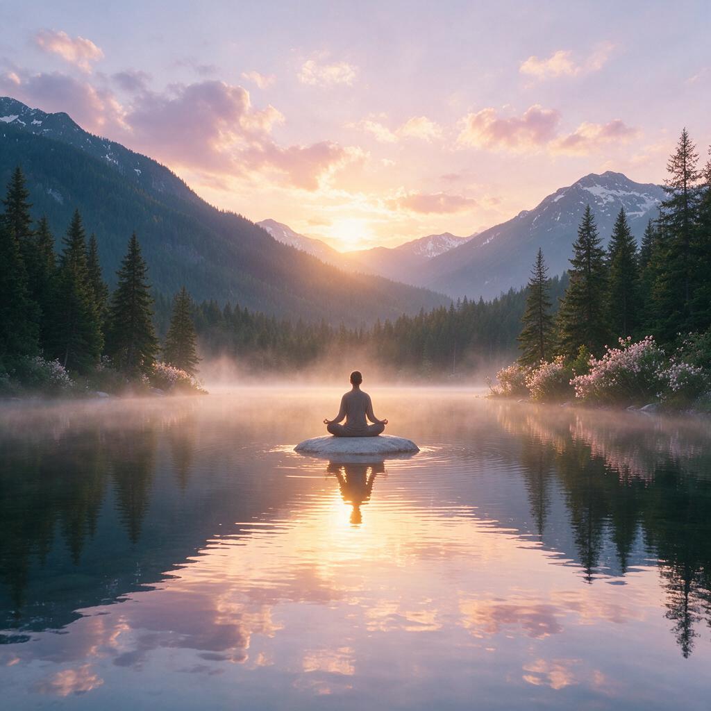 Pessoa meditando em posição de lótus sobre superfície de lago calmo ao amanhecer, névoa suave e luz serena, representando a presença como caminho para além do sofrimento