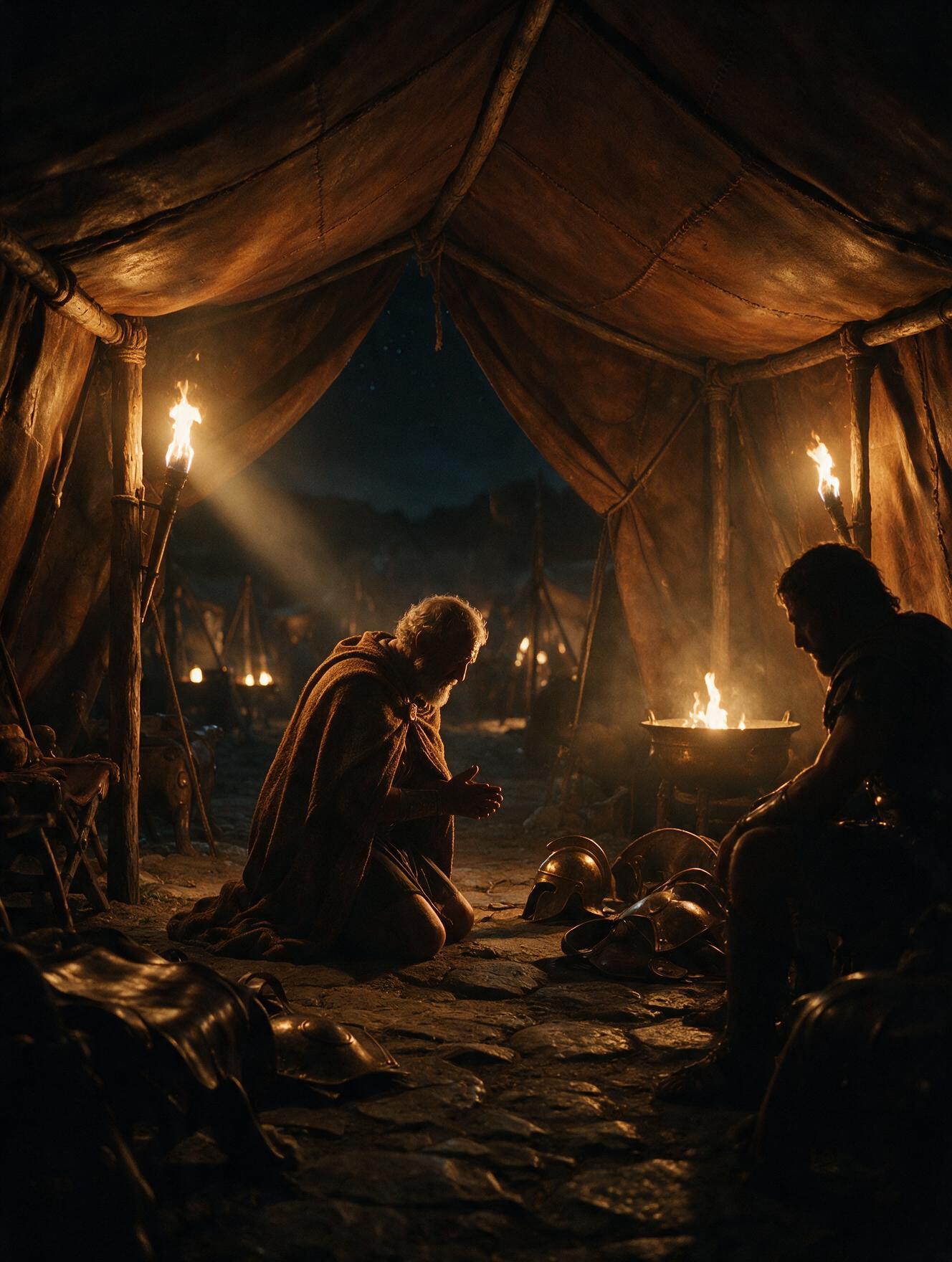 Um rei idoso ajoelhado implorando diante de um guerreiro sentado em uma tenda grega à luz de tochas