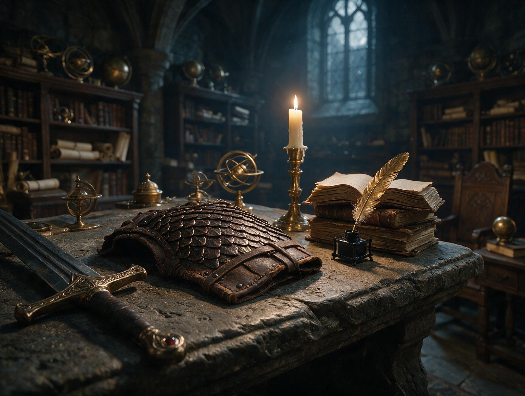 Detalhe de escama de dragão e armadura de couro sobre mesa de pedra, espada e pena de escrever, sala de estudo de academia de guerra com iluminação dramática.