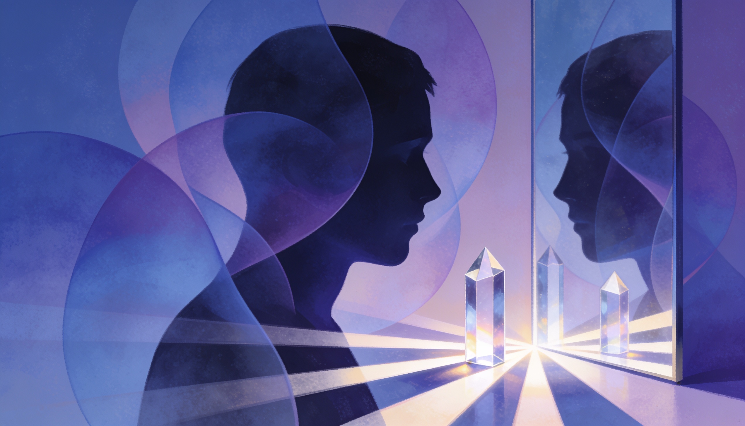 Prismas de cristal decompondo luz em espectro de cores com sobreposição de engrenagens e sinapses neurais — metáfora visual dos vieses cognitivos e heurísticas estudados por Daniel Kahneman em Rápido e Devagar