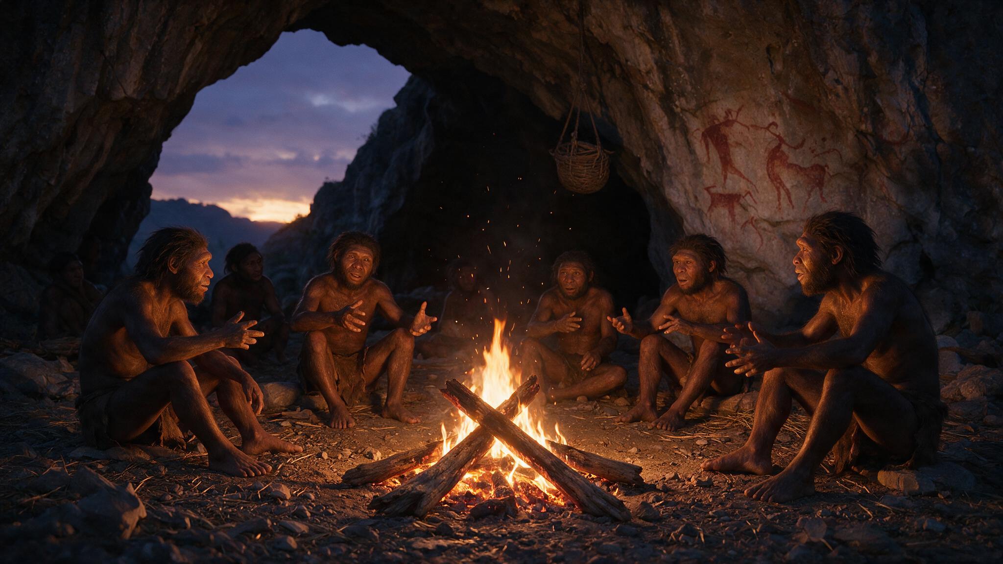 Grupo de Homo sapiens reunido ao redor de uma fogueira ao entardecer, comunicando-se com gestos e expressões, há 70 mil anos