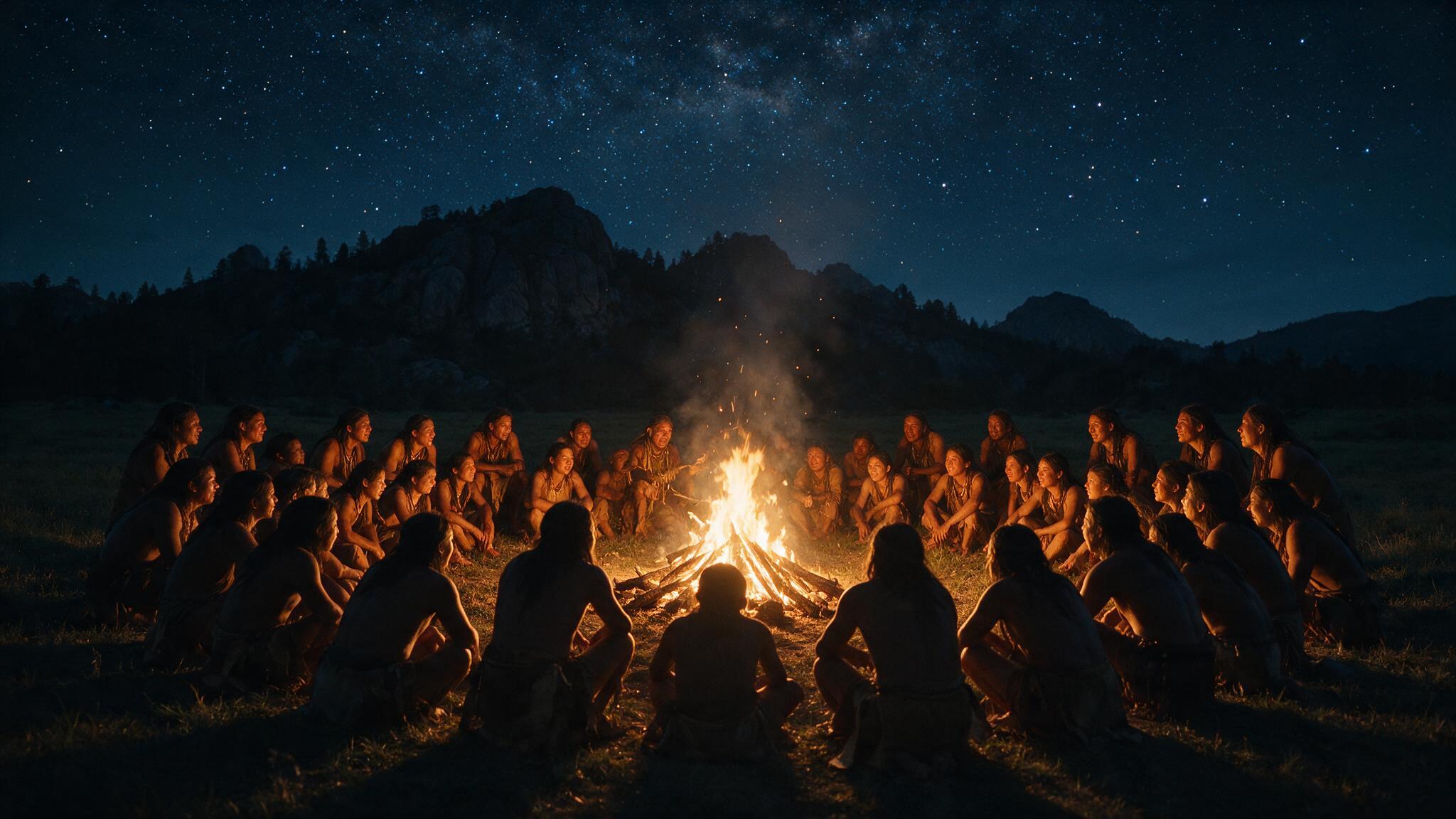 Reunião tribal noturna sob um céu estrelado, figura contando uma história a um círculo atento, simbolizando o poder dos mitos compartilhados